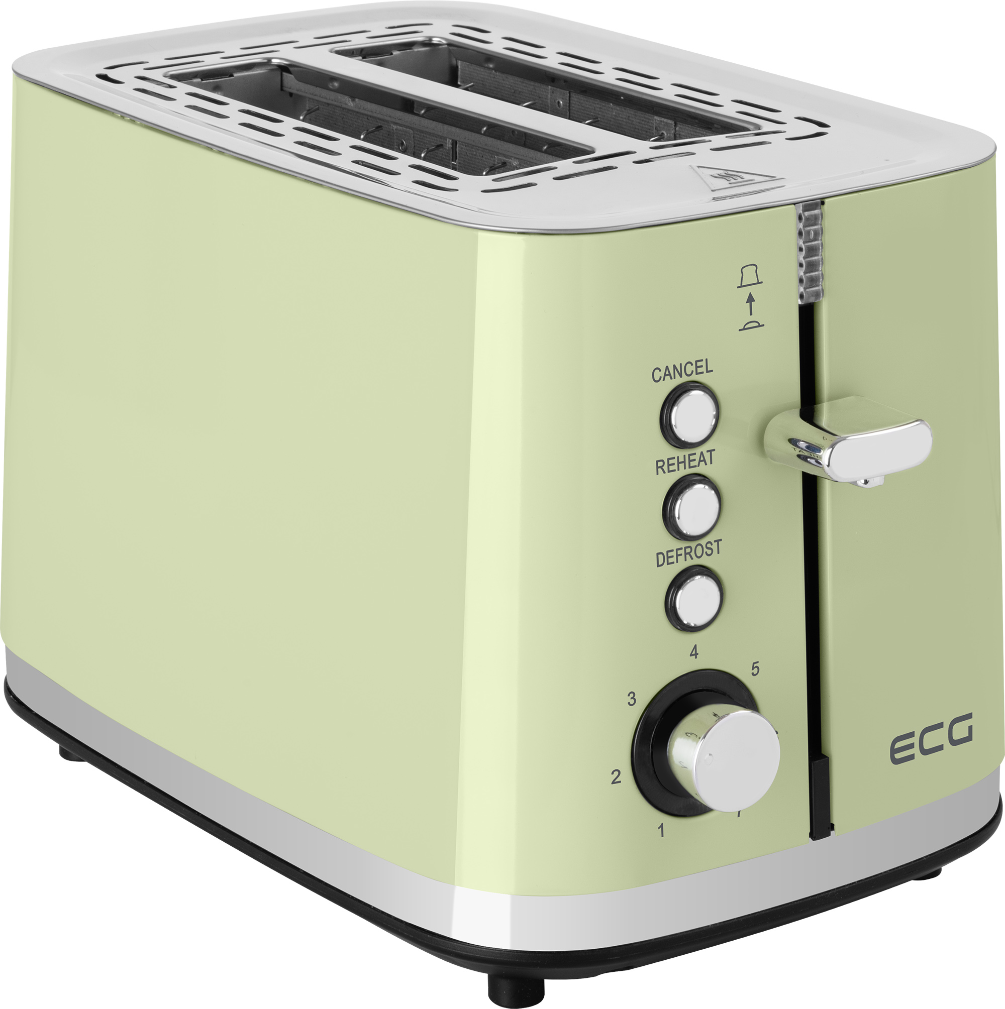 Ein grüner und silberner Toaster mit Knöpfen und einem Knopf, von vorne betrachtet.