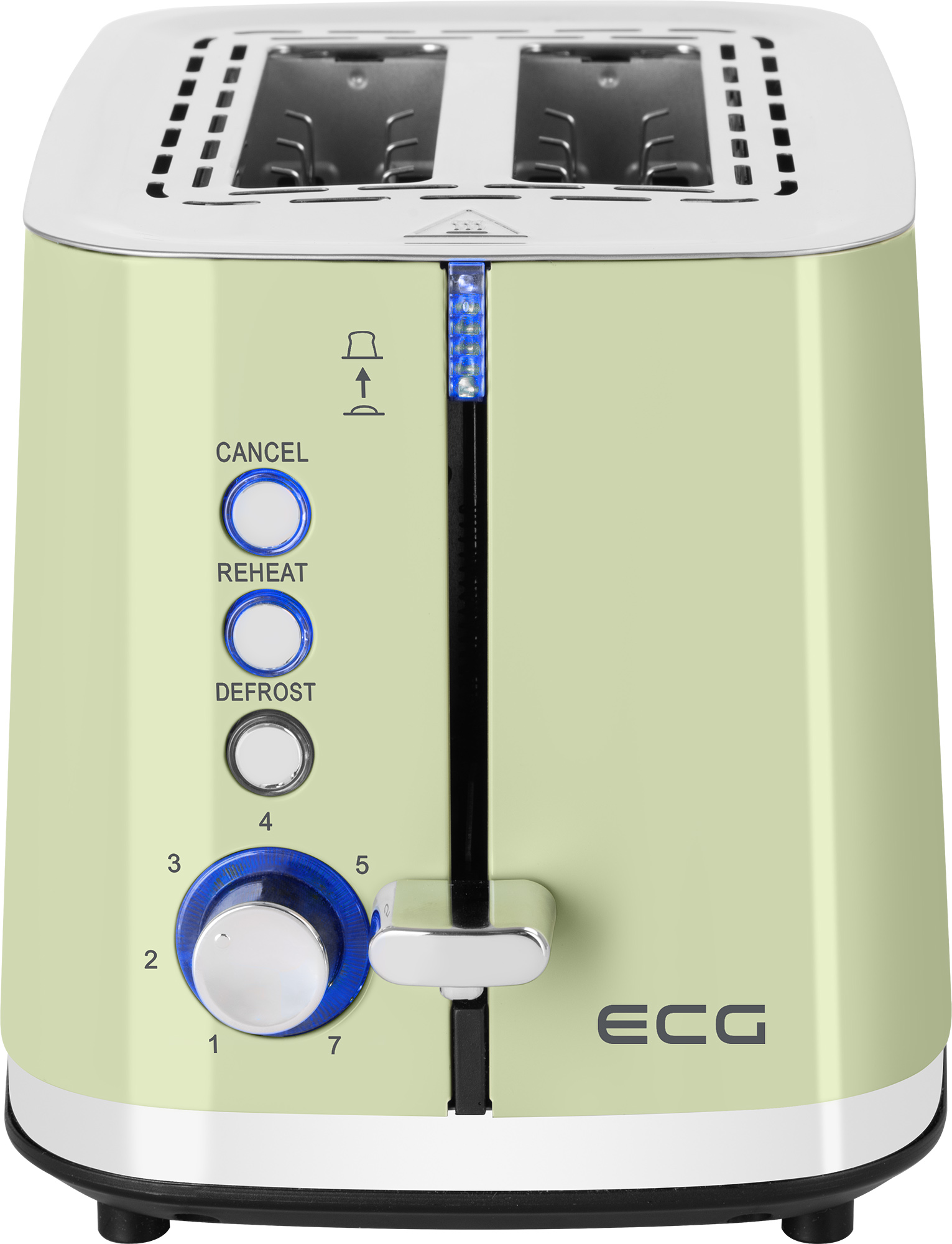 Ein grüner und weißer Toaster mit Knöpfen und einem Drehregler für Toasteinstellungen.