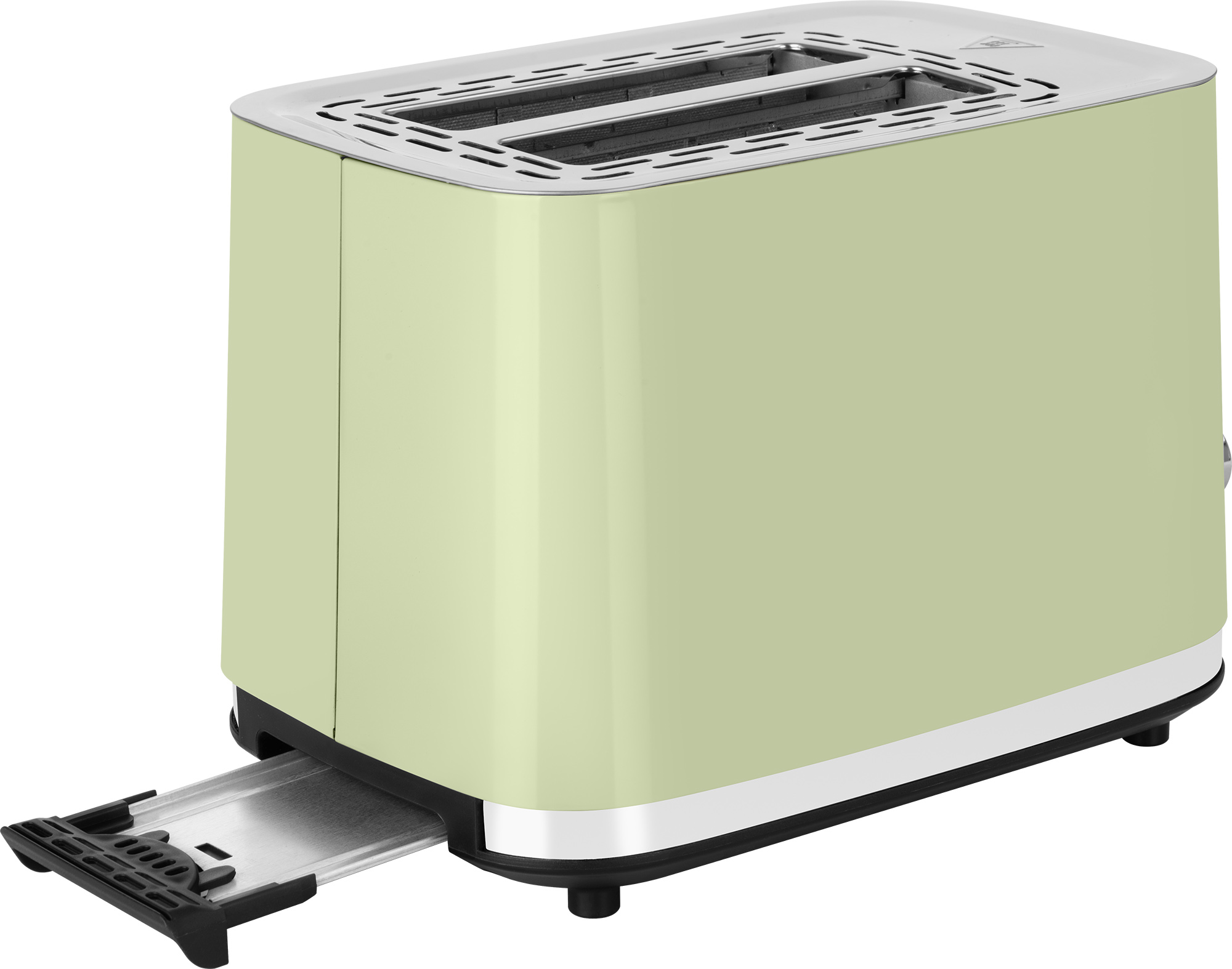 Grüner Toaster mit silberner Oberseite und ausziehbarer Krümelschublade. Weißer Hintergrund.