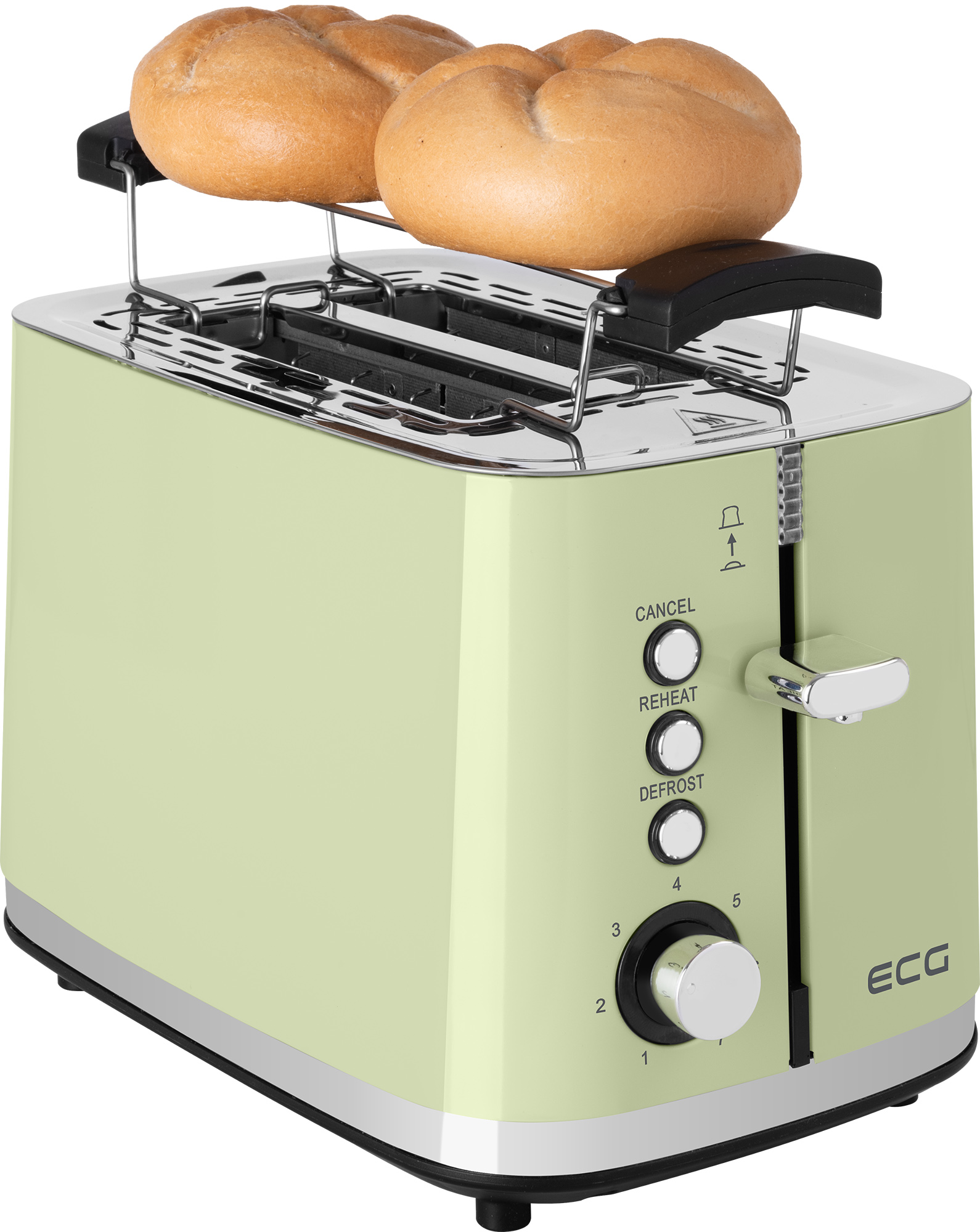 Grüner Retro-Toaster mit zwei getoasteten Brötchen obenauf.