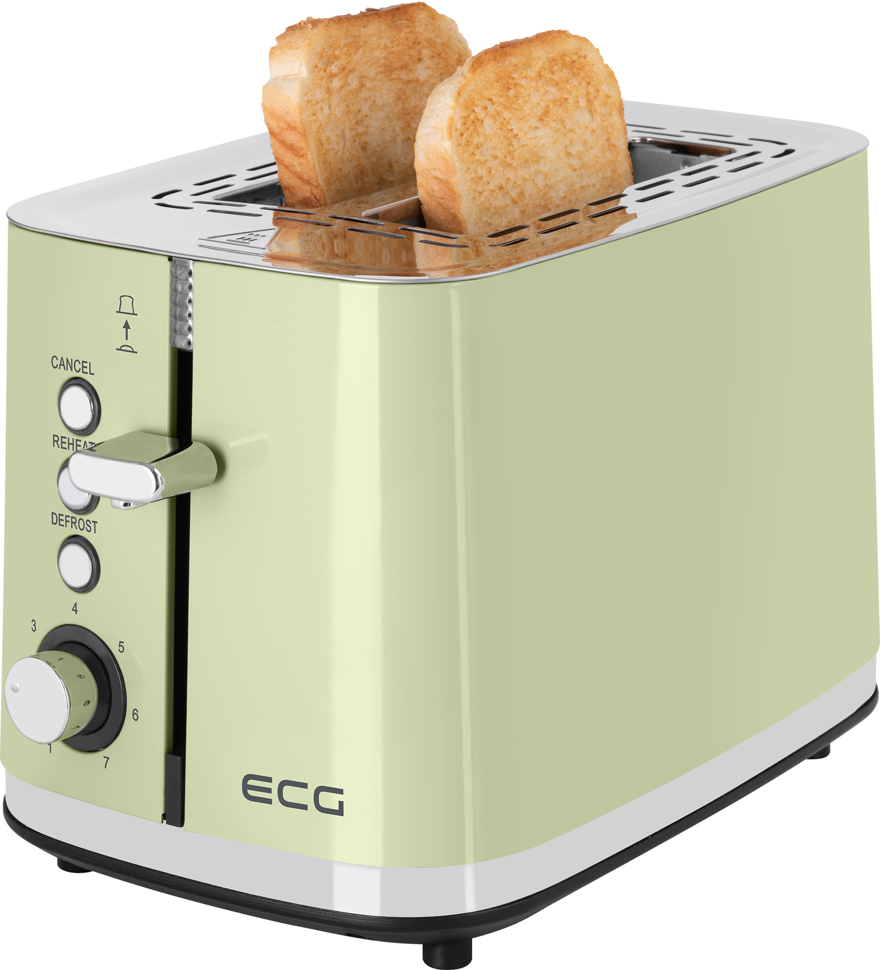 Grüner und silberner Toaster mit zwei Toastscheiben im Inneren.
