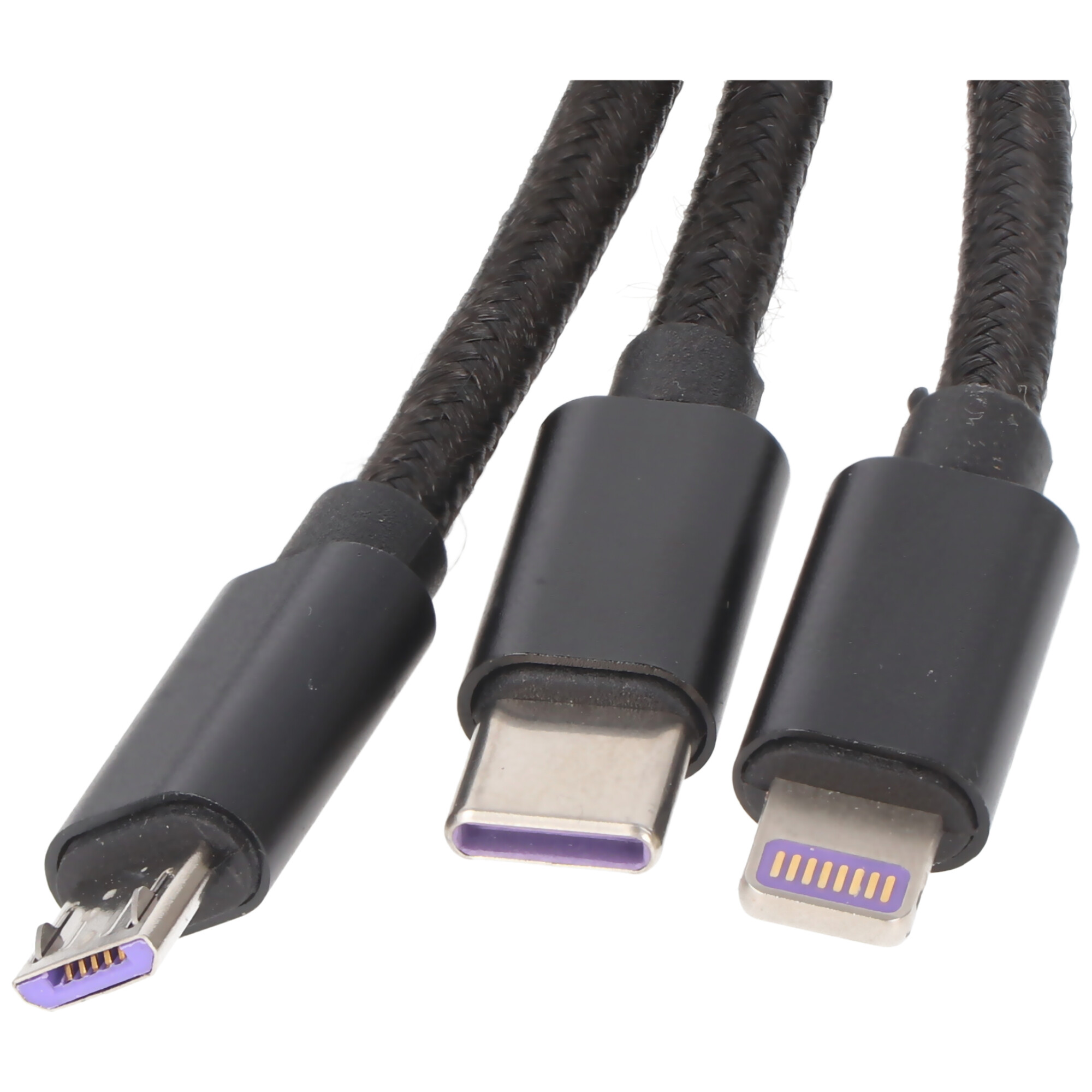 Zwarte oplaadkabel met drie verschillende connectoren: micro, USB-C en Lightning.