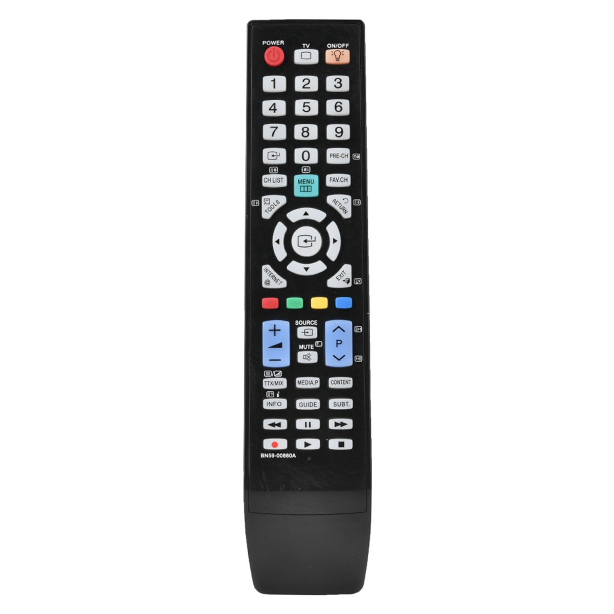 Eine schwarze TV-Fernbedienung mit verschiedenen Tasten. Sie hat eine silberne Taste und eine Batteriefachabdeckung.