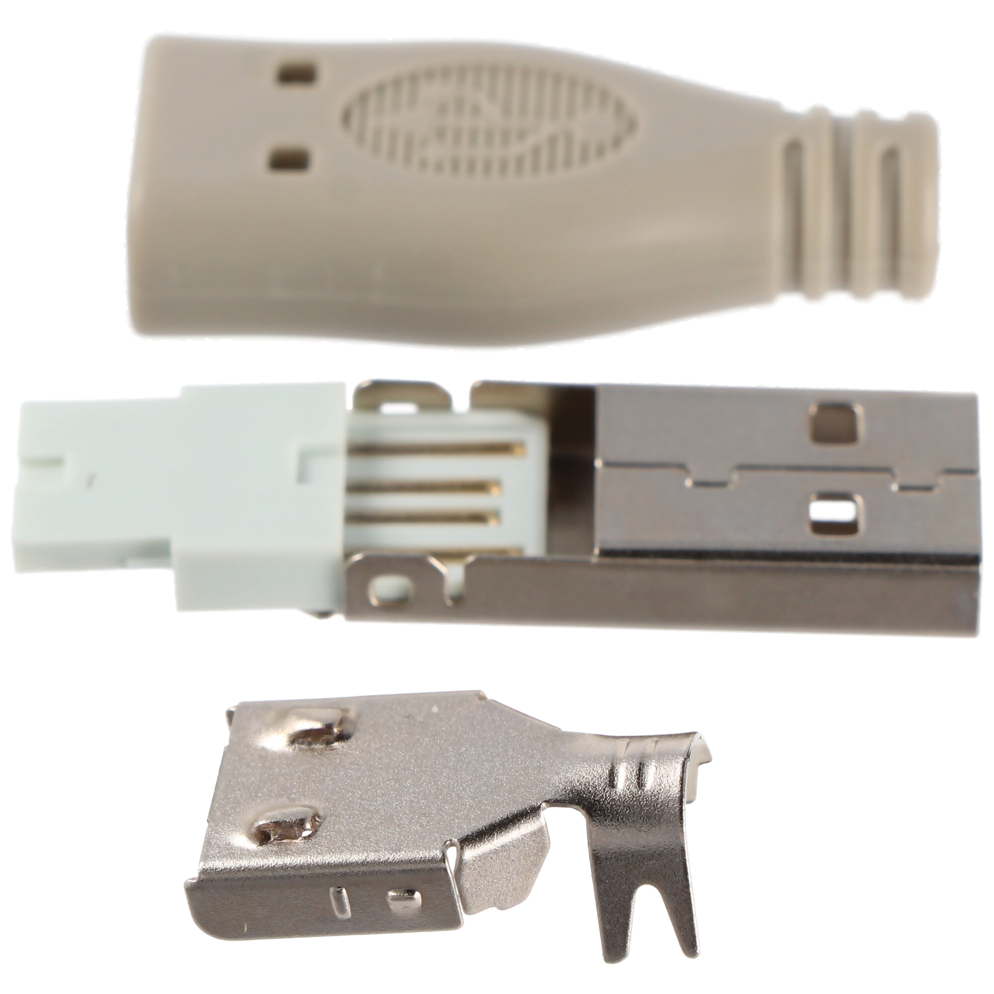 Drie USB-connectoren: een grijze USB-A, een witte interne connector en een zilveren metalen beugel, allemaal op wit.