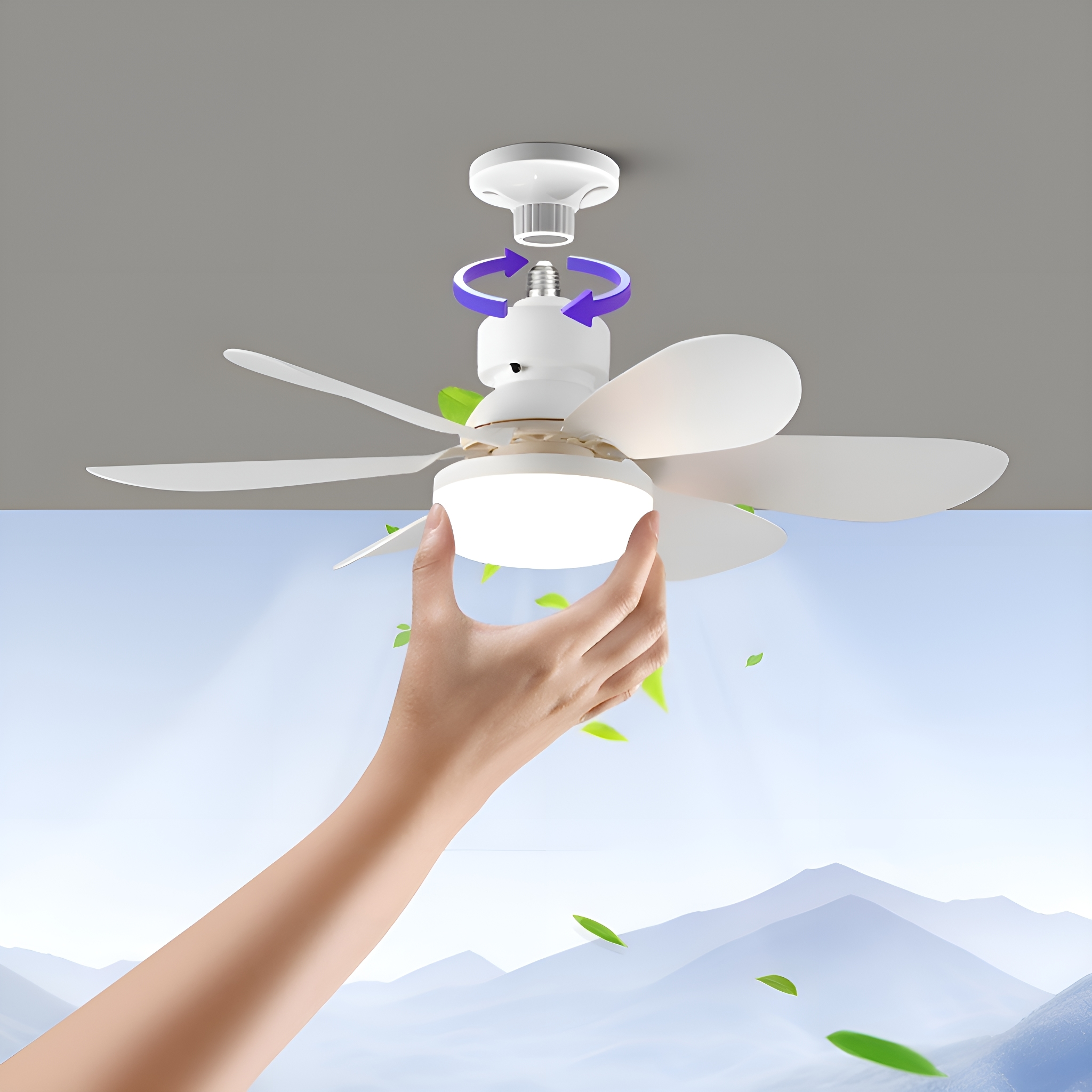 Hand, die einen weißen Deckenventilator mit Licht einstellt. Himmelshintergrund.