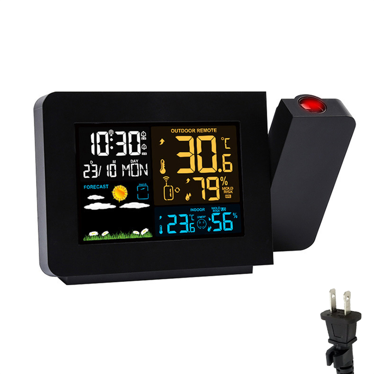 Schwarze Wetterstation mit Digitalanzeige, zeigt Temperatur und Vorhersage.
