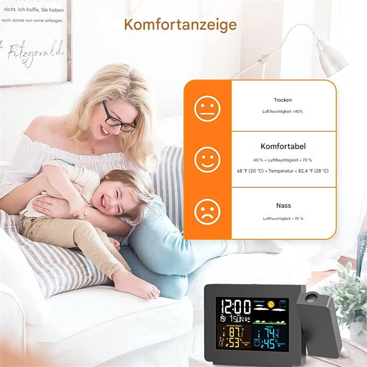 Eine Frau und ein Kind zusammen, mit einer Wetterstation, die die Luftfeuchtigkeit anzeigt. Indikatoren zeigen Komfort.