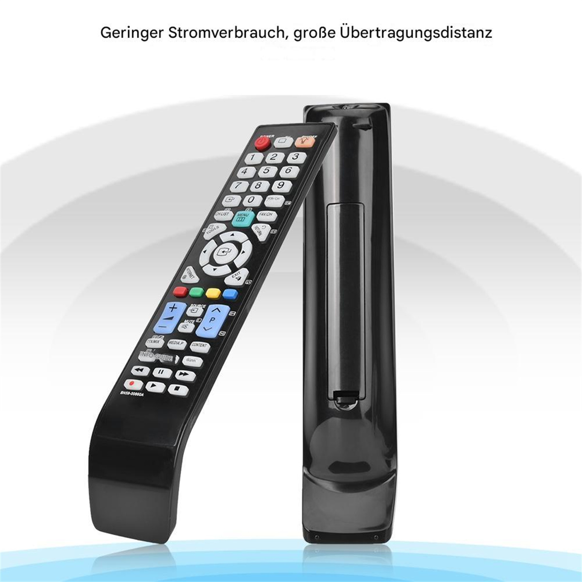 Schwarze Fernbedienung mit vielen Knöpfen, Text oben.