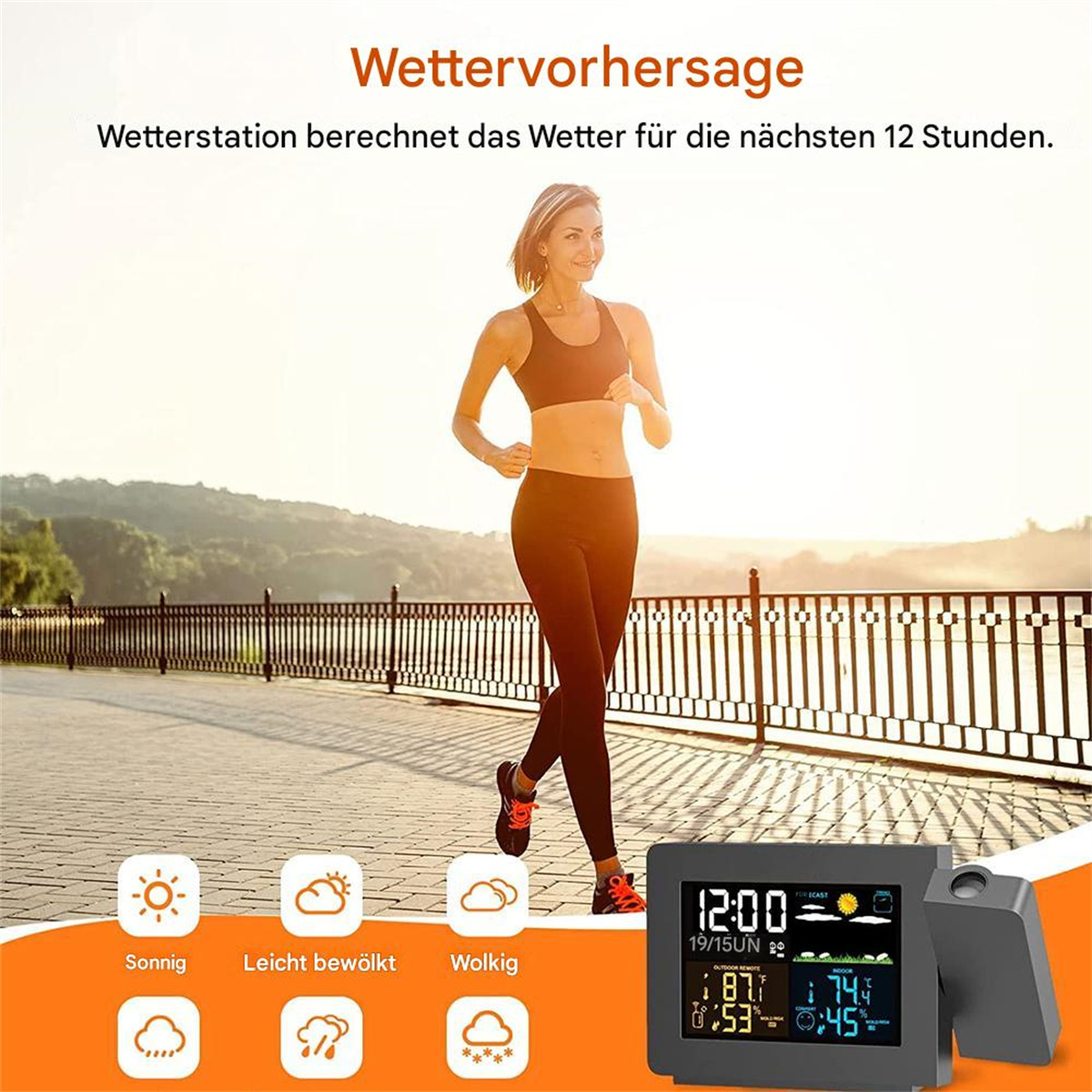 Frau rennt auf einem Weg, Wetterstation mit Vorhersage.