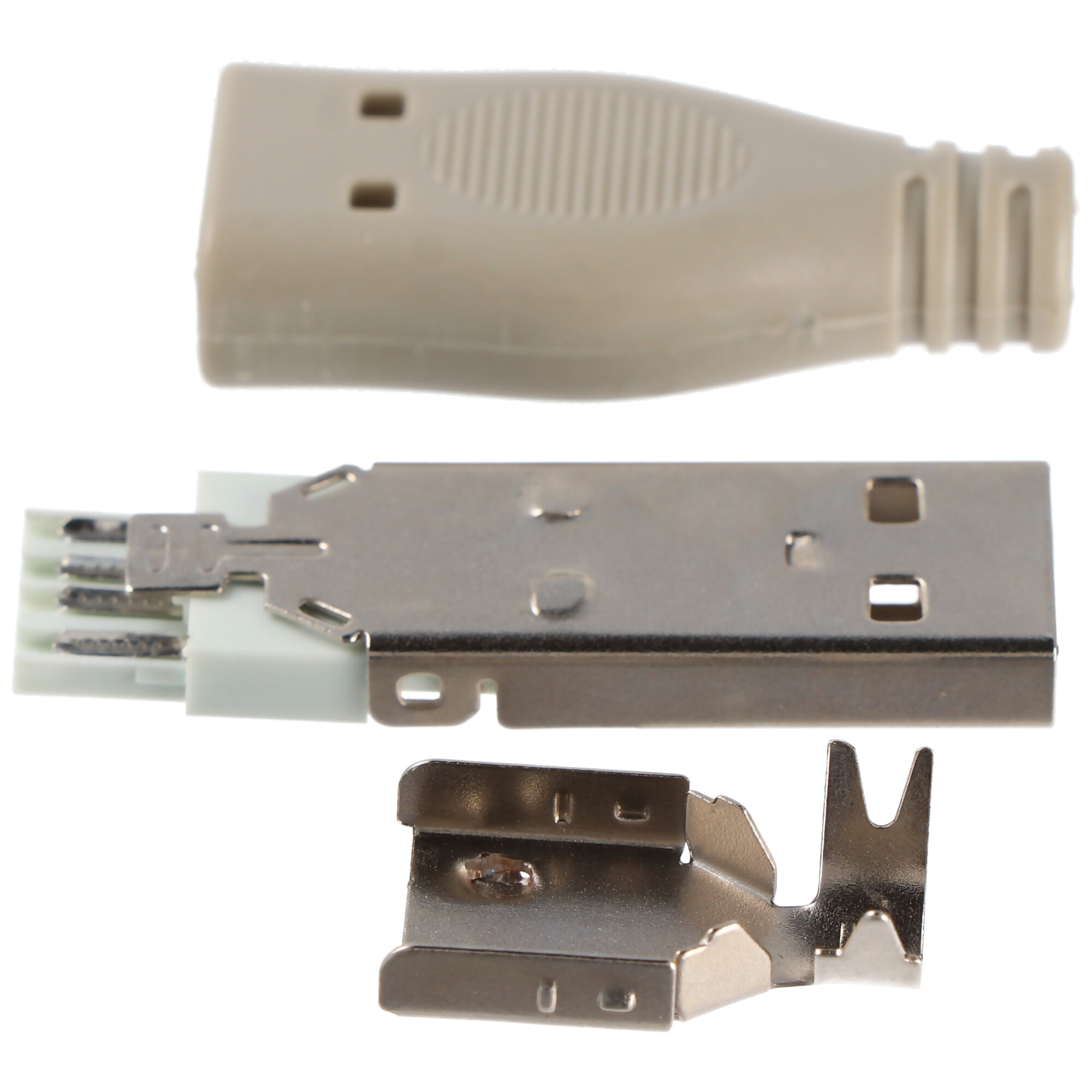 Drie USB-componenten: een beige USB-kop, een metalen USB-aansluiting en een metalen USB-connector.