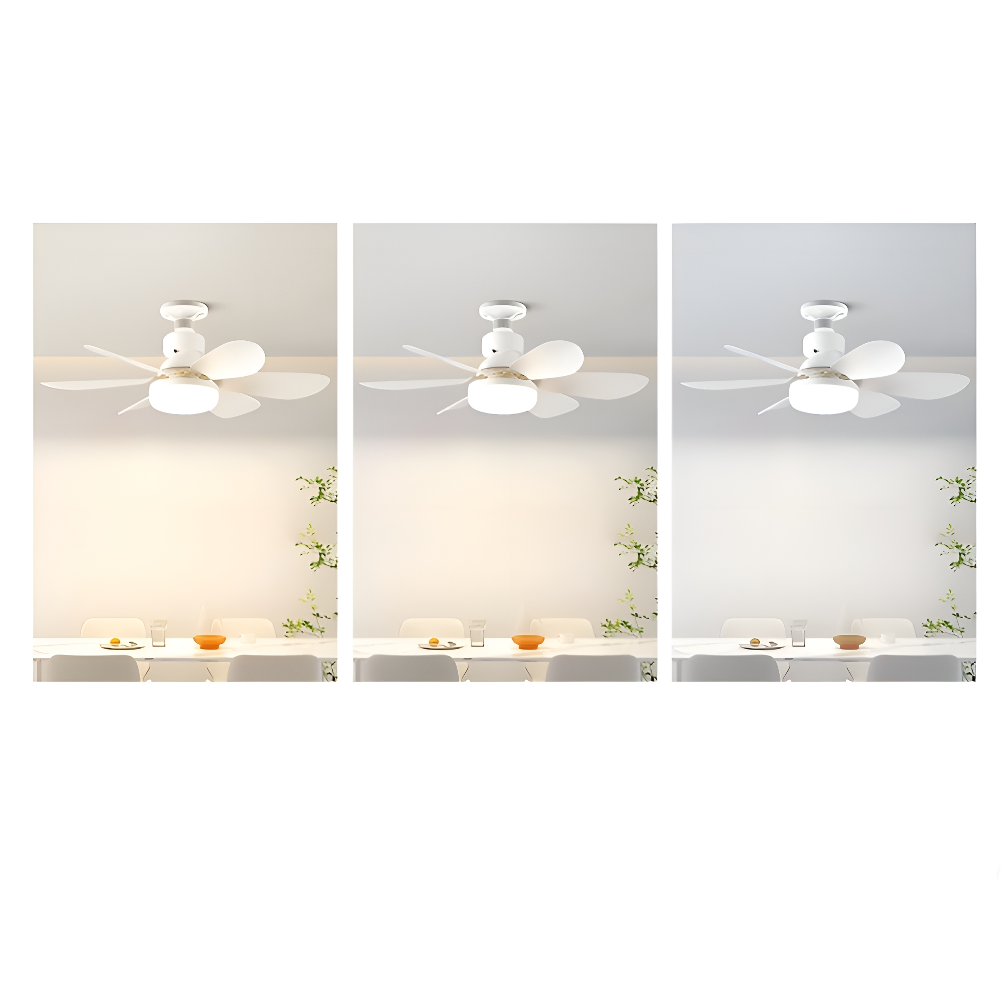 Drei Bilder zeigen Deckenventilatoren mit Lichtern und unterschiedlichen Lichteinstellungen in einem Raum.