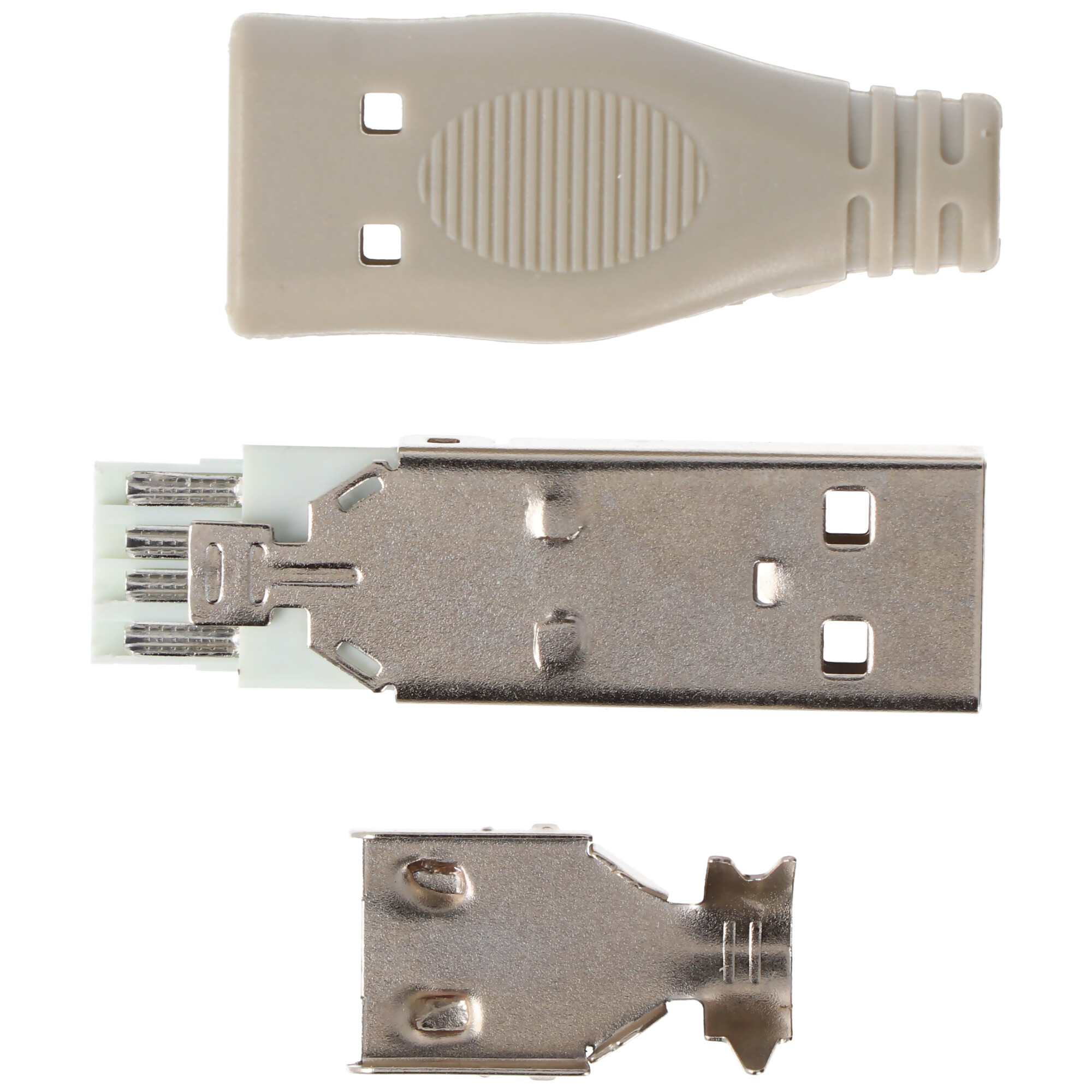 USB-connectors. Boven: USB-A. Midden: USB-A connector pinnen. Onder: USB-A metalen behuizing.