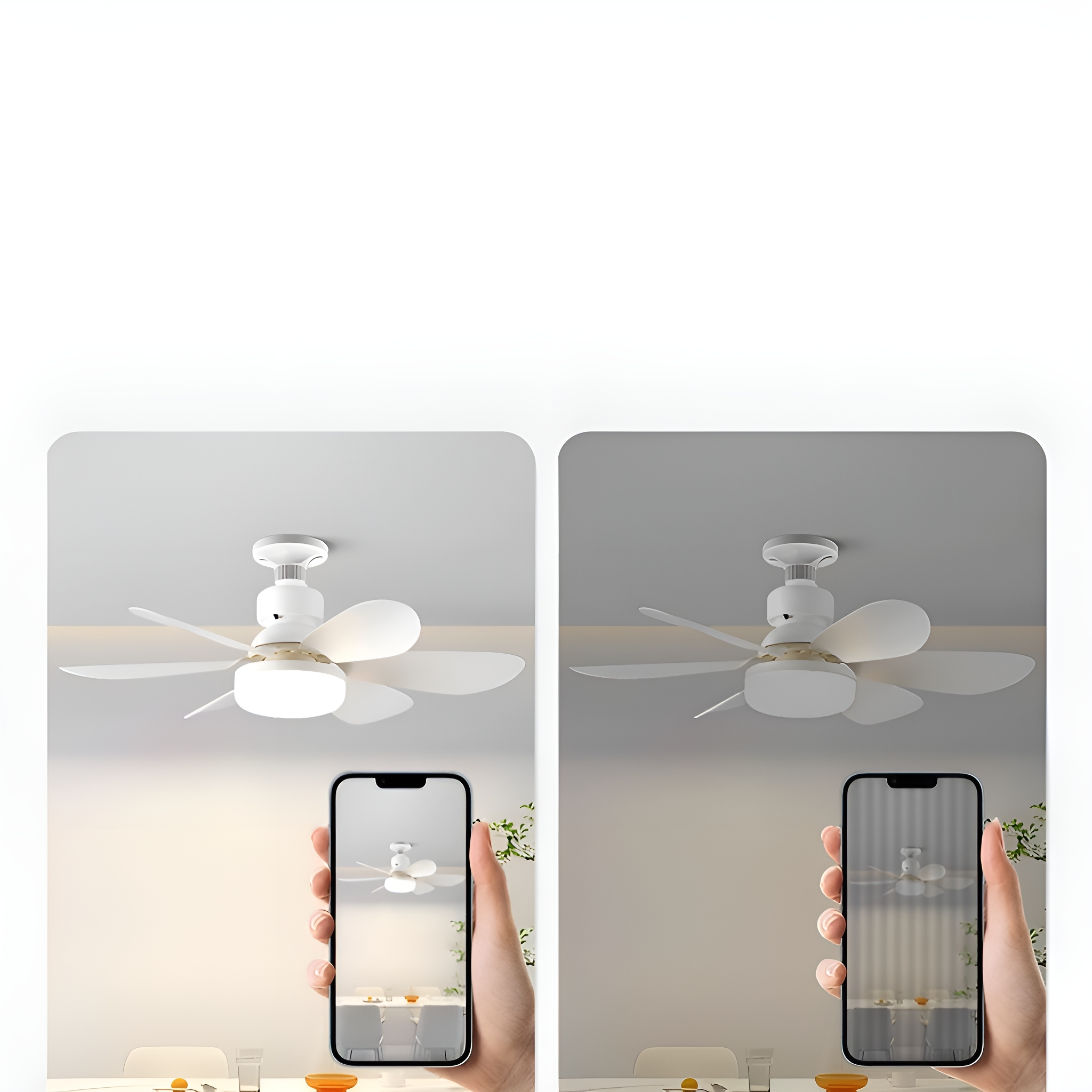 Zwei Bilder, weiße Deckenventilatoren. Einer mit Licht an, einer mit Licht aus, gesteuert vom Telefon.