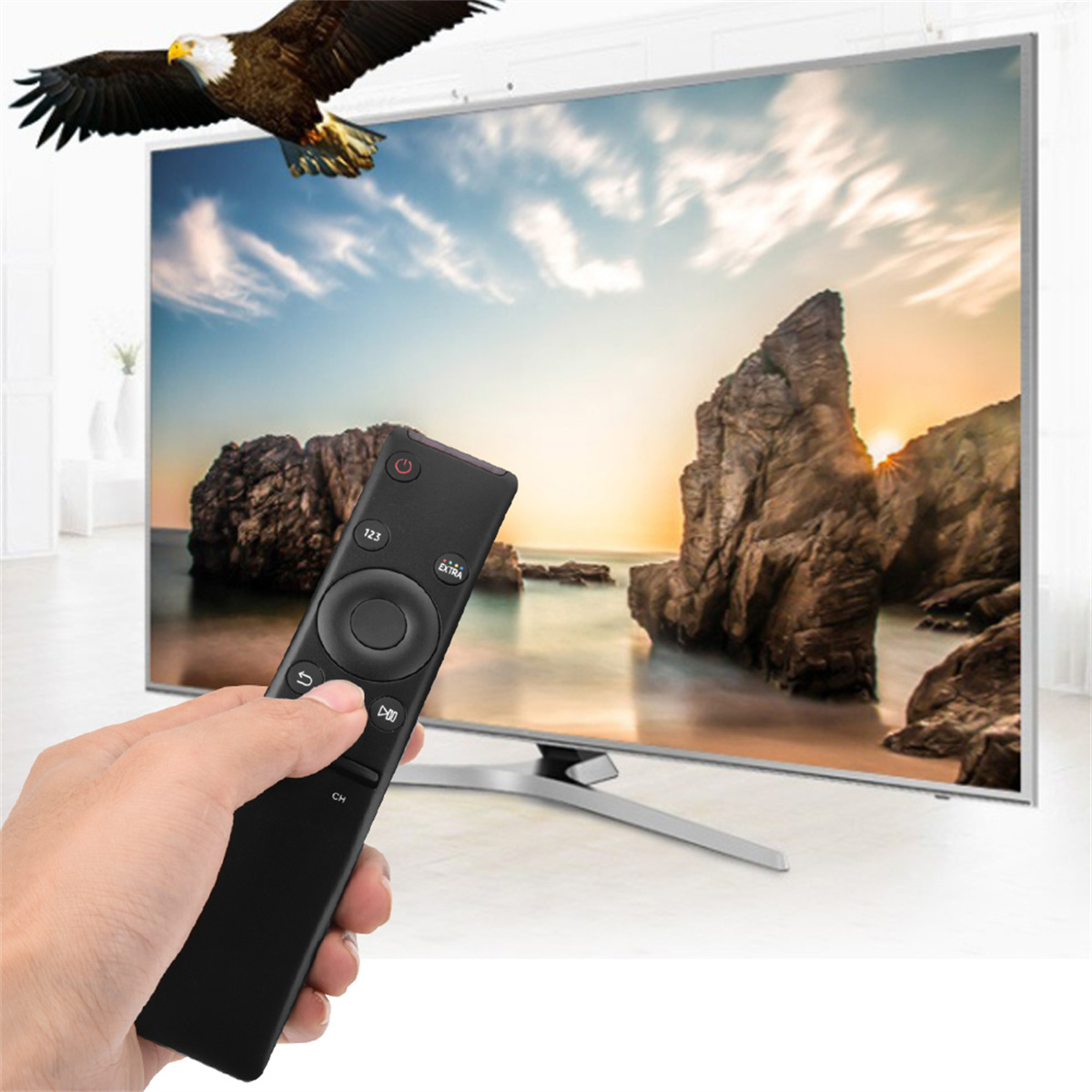 Hand hält Fernbedienung, zeigt auf TV-Bildschirm mit Strand und Adler.
