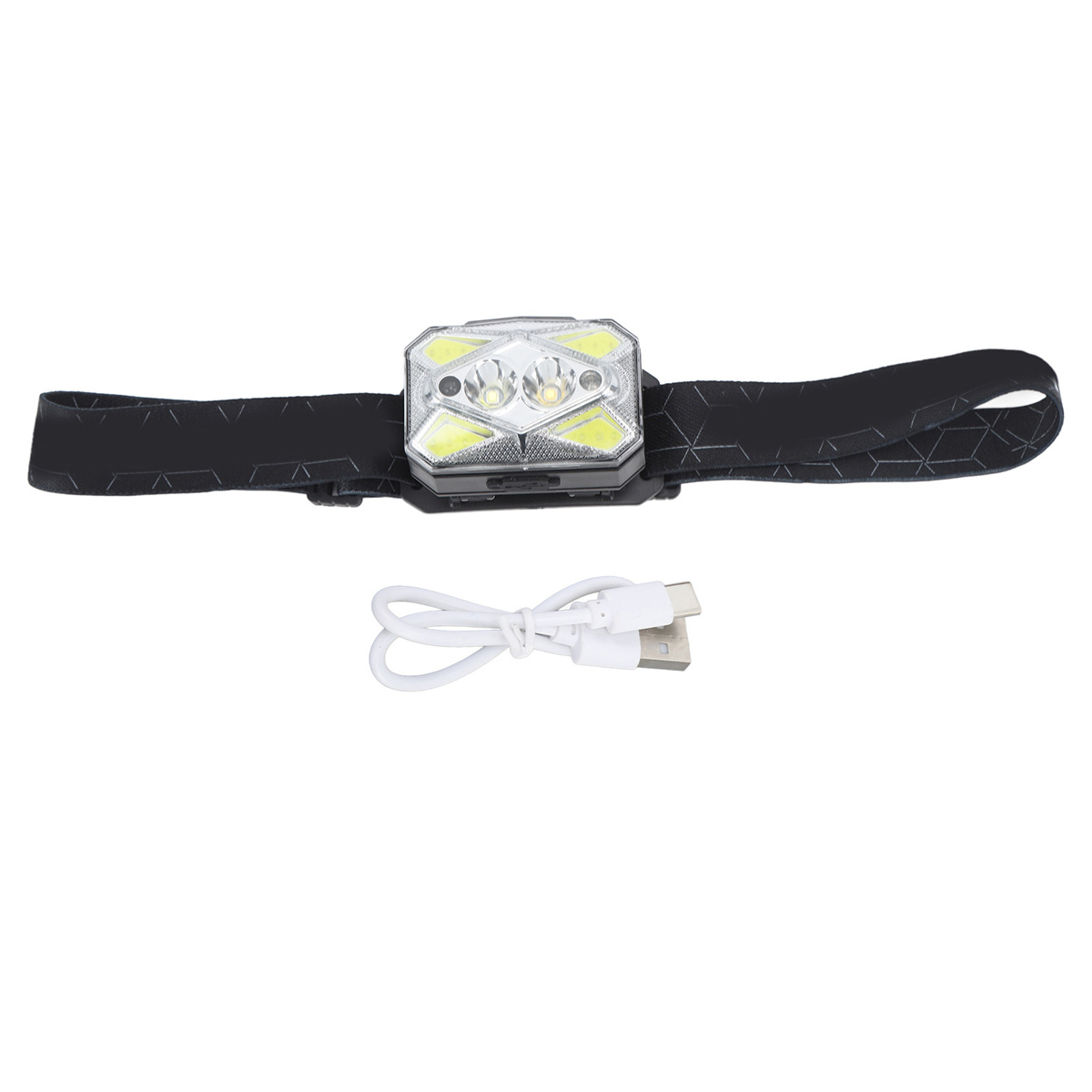 Eine Stirnlampe mit einem Gurt und einem USB-Ladekabel. Die Stirnlampe hat zwei Lichter und einen silbernen Körper.
