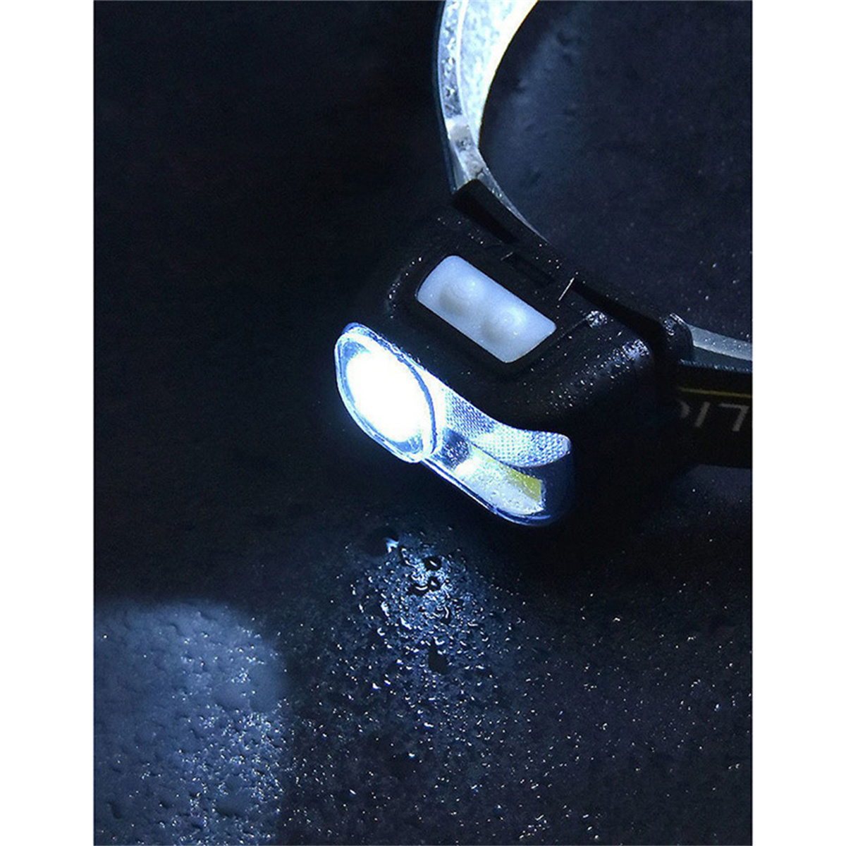 Nahaufnahme einer Stirnlampe. Die Stirnlampe ist schwarz-weiß auf dunklem Untergrund.