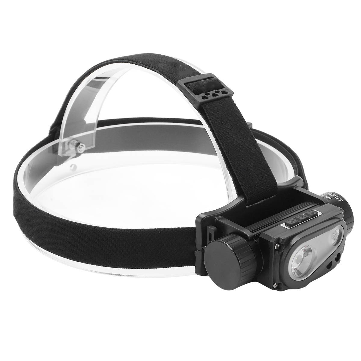 Stirnlampe mit schwarzem Band, zwei Lichtern und einem Drehknopf.