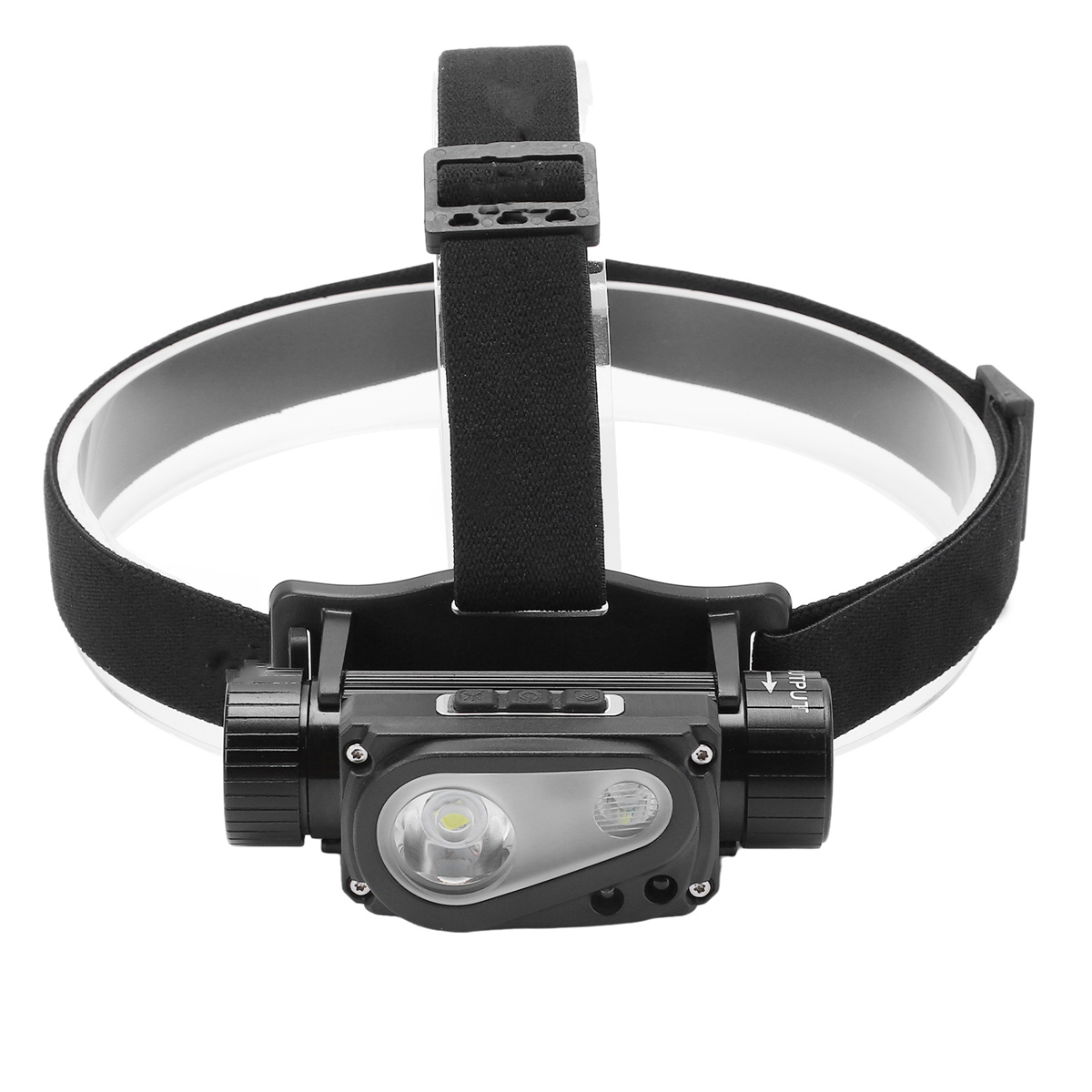 Schwarze Stirnlampe mit verstellbaren Riemen. Die Stirnlampe hat zwei Lichter und einen Fokus.