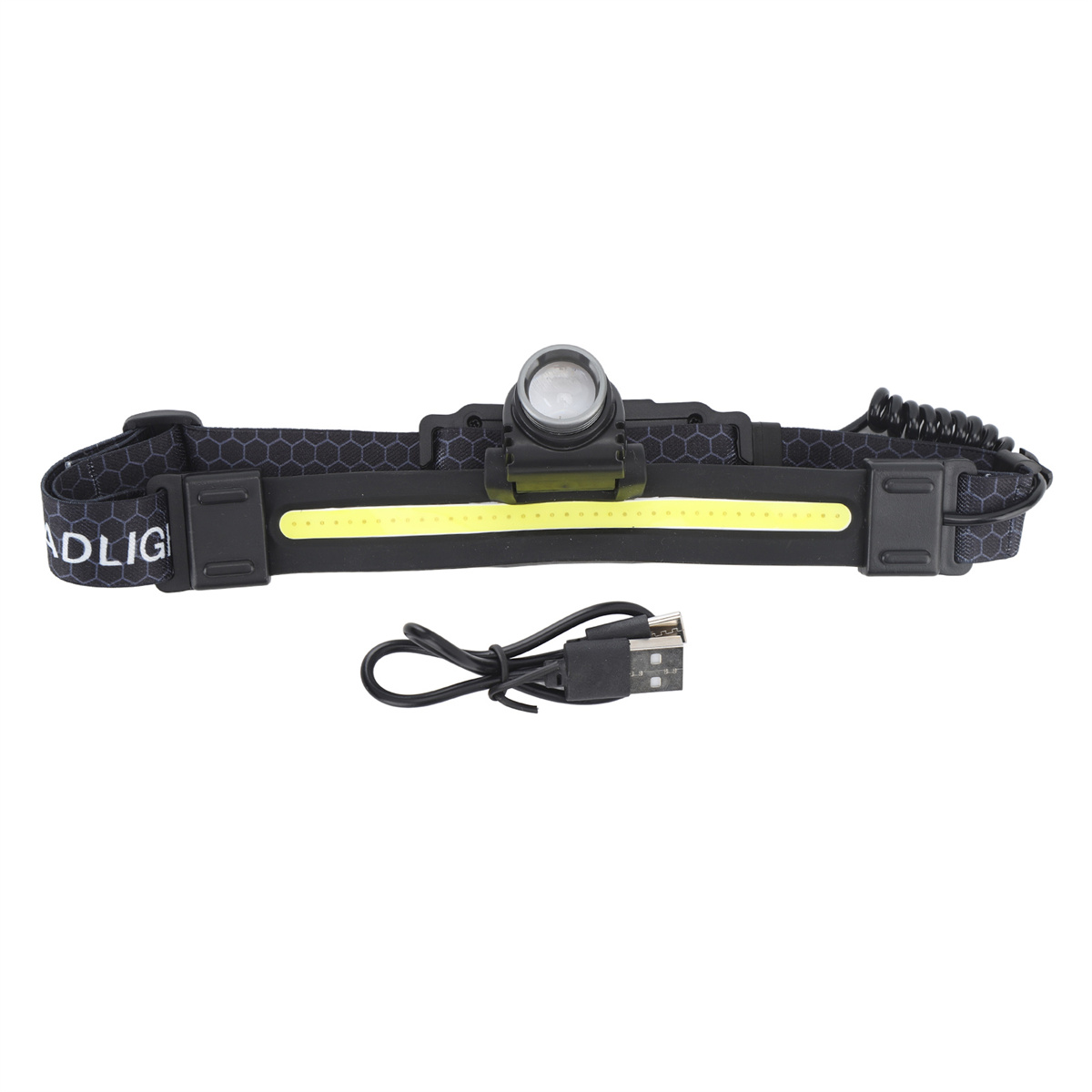 Eine schwarze Stirnlampe mit einem USB-Ladekabel. Die Lampe hat einen weißen Lichtstreifen.