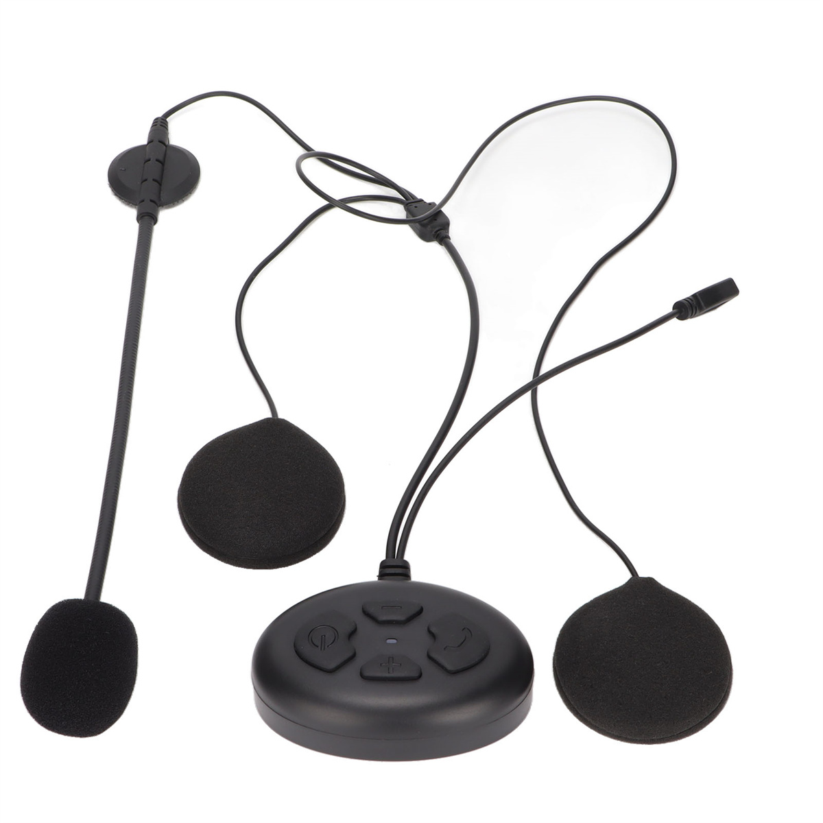 Ein schwarzes Headset mit Steuerbox, zwei Ohrpolstern und einem Mikrofon.
