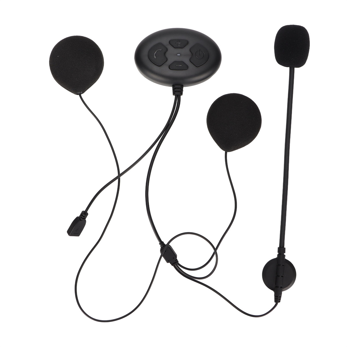 Motorradhelm-Headset mit mehreren Komponenten, die durch Kabel verbunden sind.