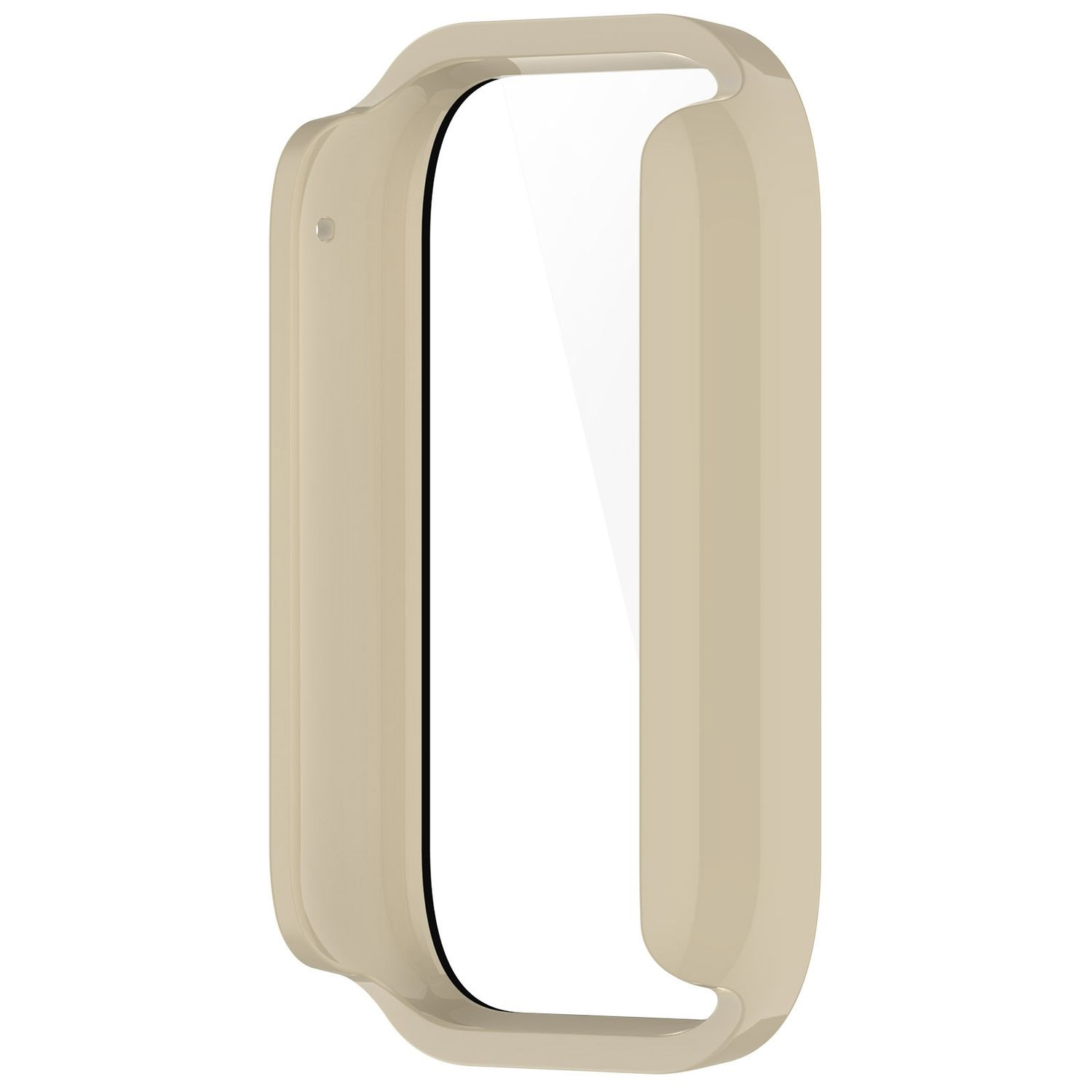 Hellbeige Uhrengehäuse mit klarem Bildschirm auf weißem Hintergrund.