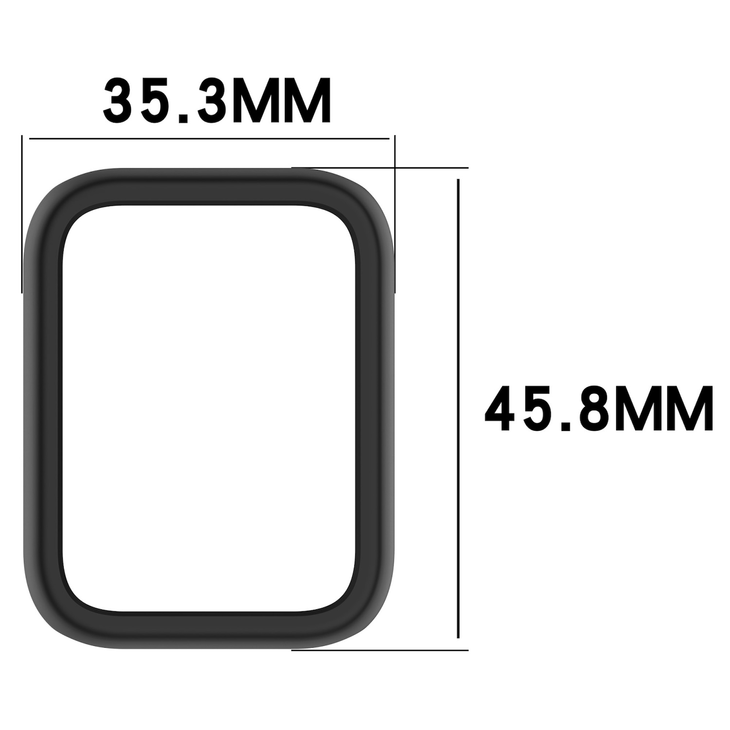 Ein schwarzes Quadrat mit abgerundeten Ecken, Abmessungen 35,3 mm x 45,8 mm, auf weißem Hintergrund.