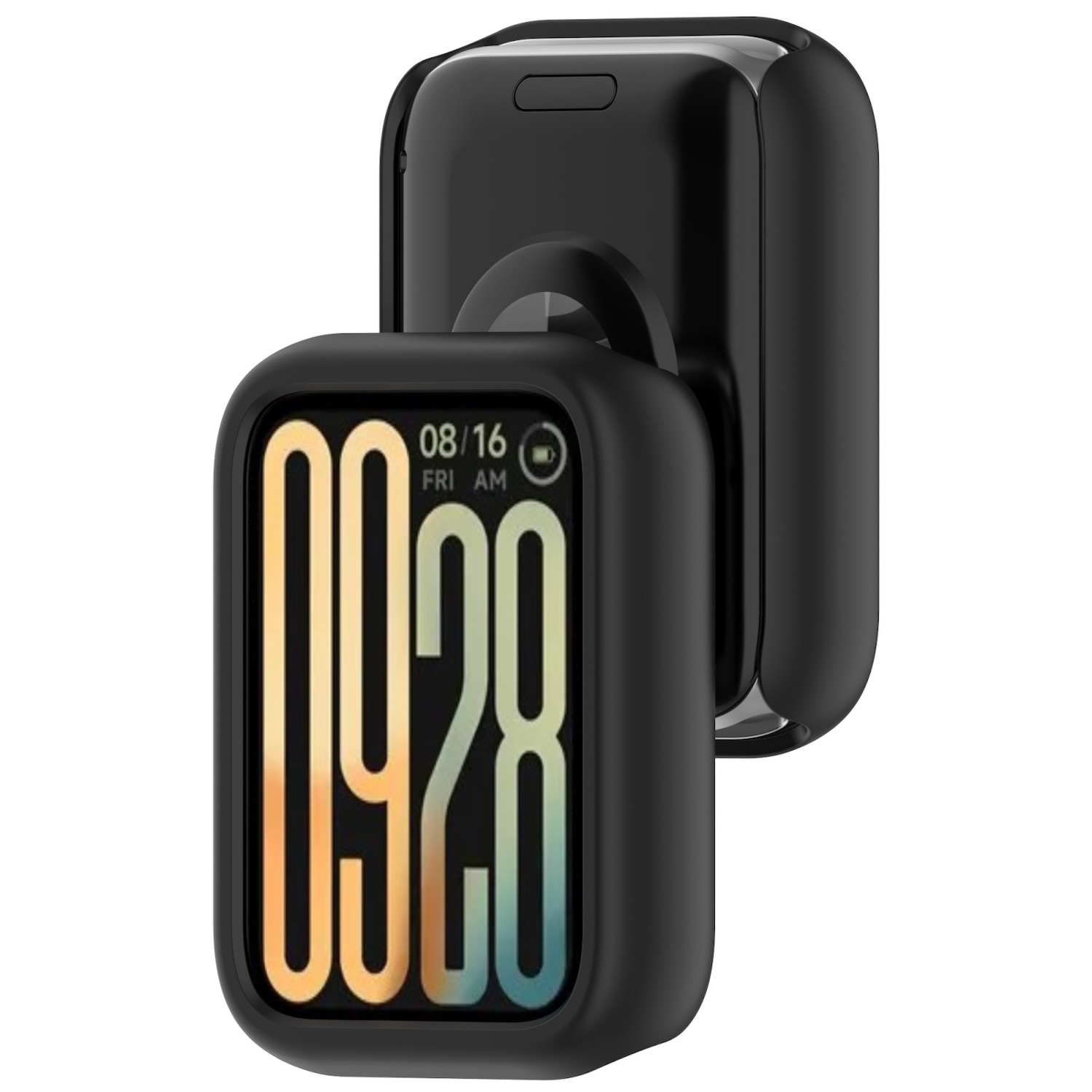 Ein schwarzes Smartwatch-Gehäuse zeigt die Uhrzeit 09:28 AM mit dem Datum 16. August, Freitag.