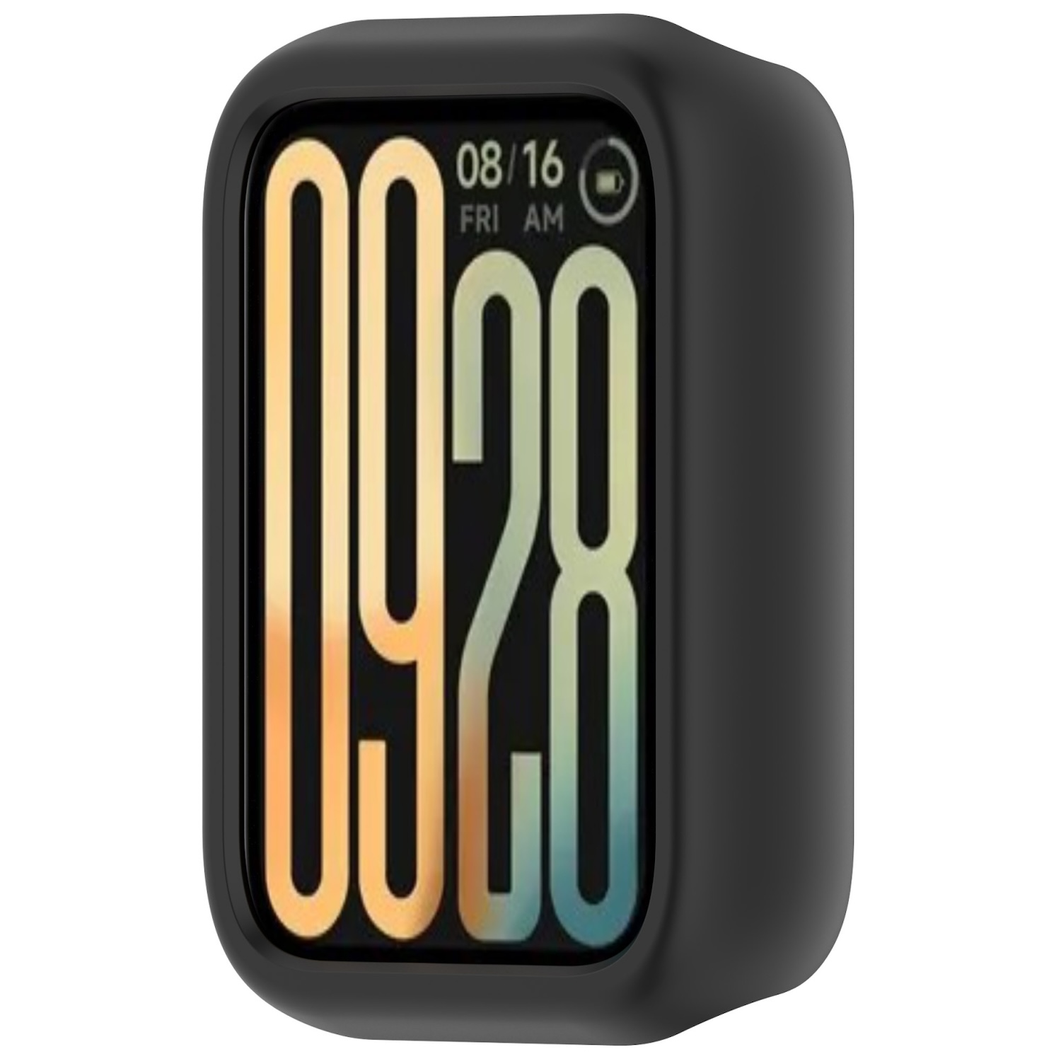 Schwarzes Smartwatch-Gehäuse mit Anzeige von Uhrzeit und Datum, mit farbenfrohem Bildschirm.
