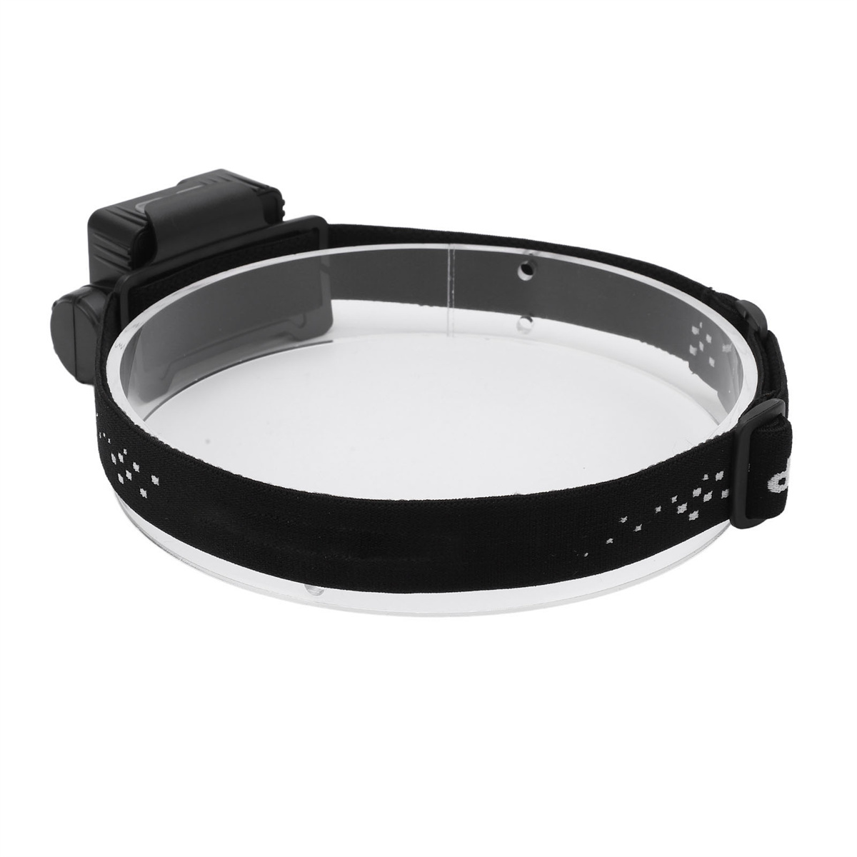 Schwarze Stirnlampe, mit einem transparenten Band und einem weißen Hintergrund.