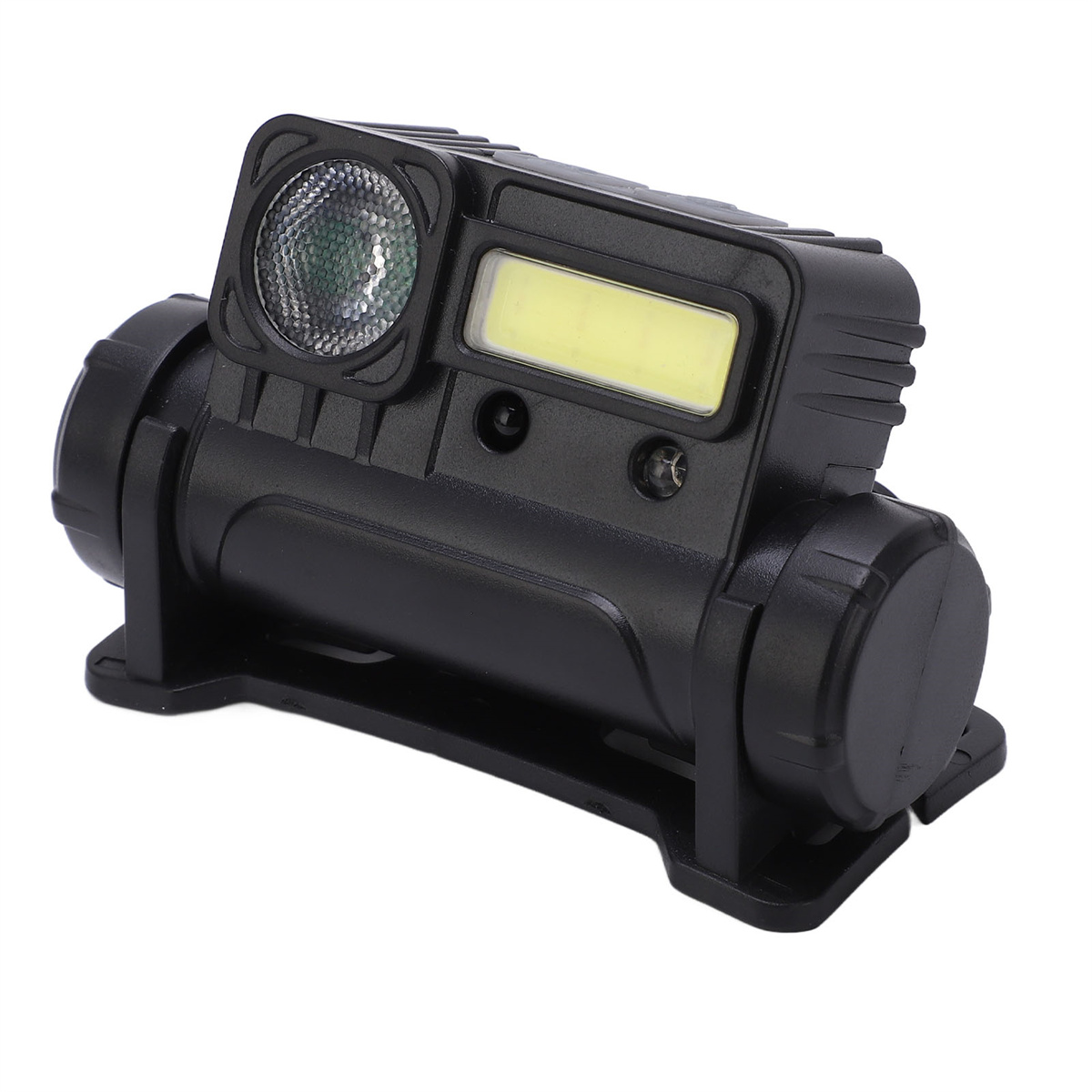 Schwarze Stirnlampe mit zentralem Licht und seitlichem LED-Licht. Sie hat ein robustes, industrielles Design.