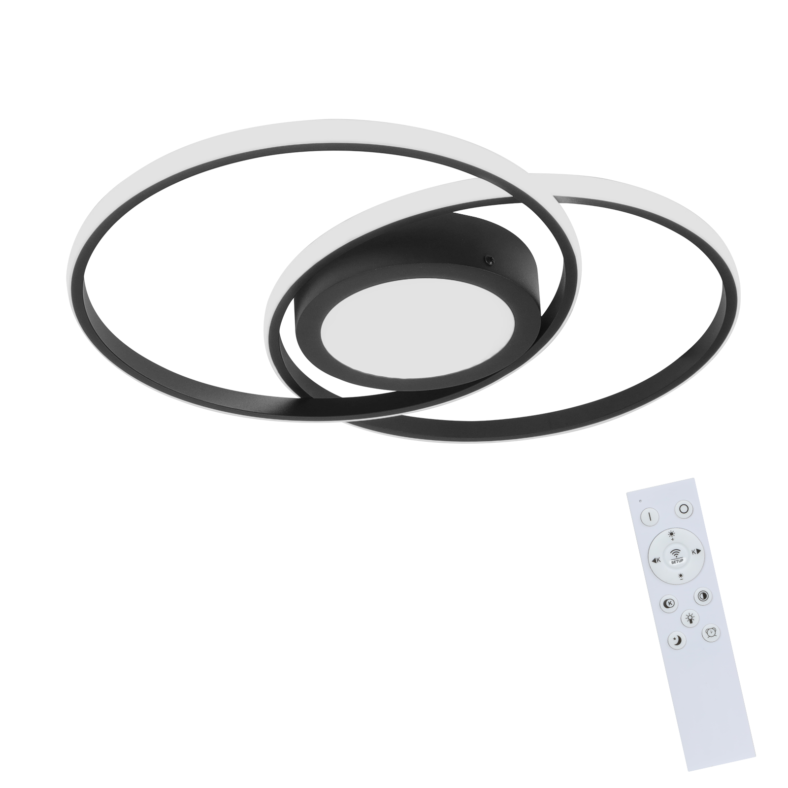 Lampa sufitowa z białym i czarnym wzorem. Pilot znajduje się w prawym dolnym rogu.