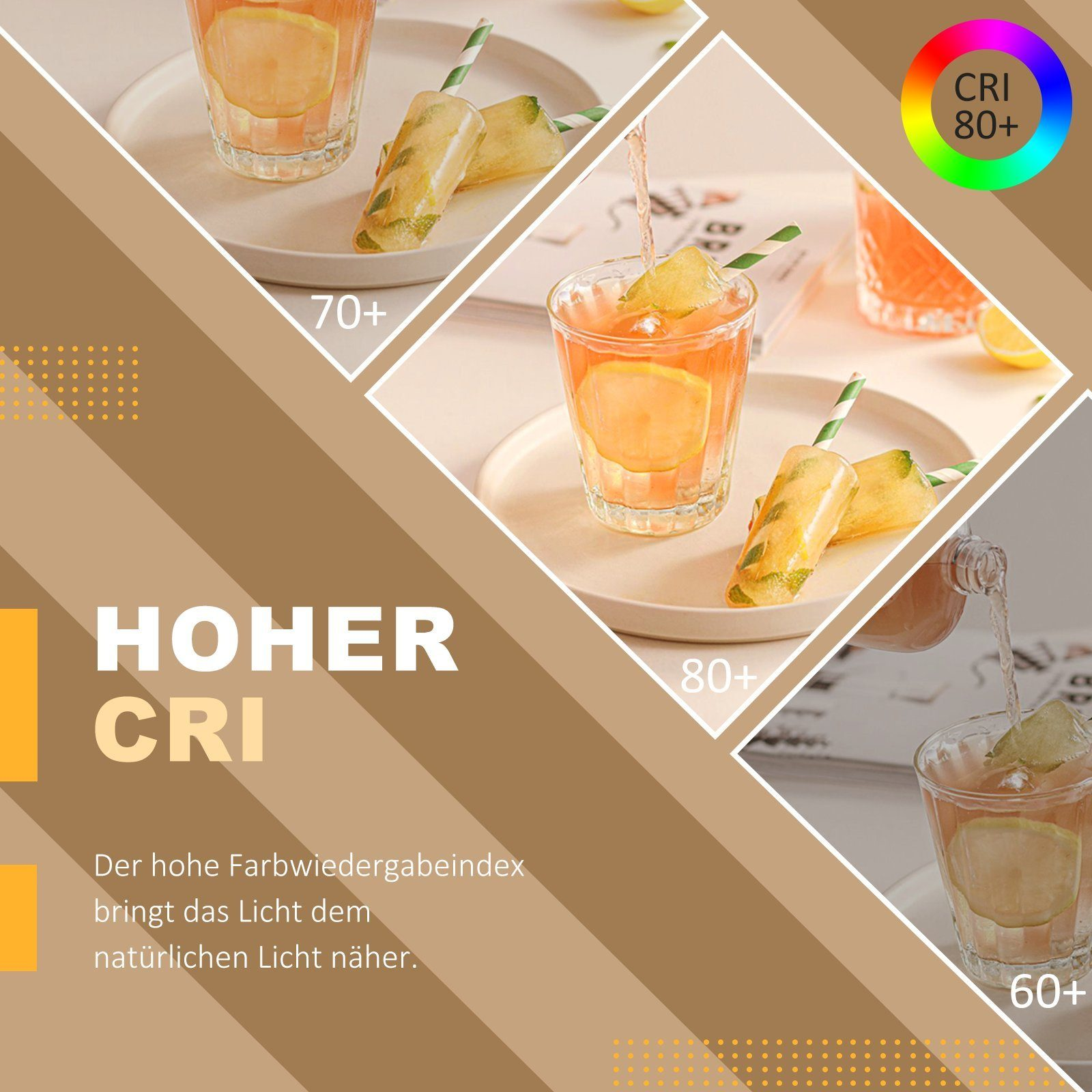 Obraz przedstawiający napoje o wysokim wskaźniku oddawania barw (CRI). Obraz pokazuje przykłady.