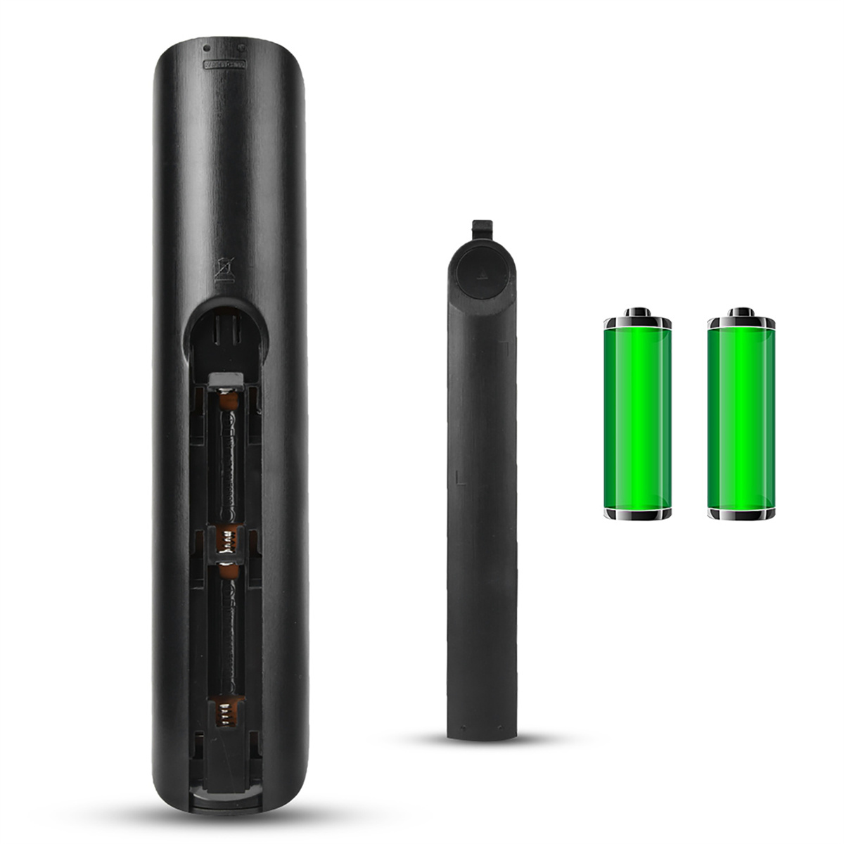 Schwarze Fernbedienung mit offenem Batteriefach und zwei grünen AA-Batterien.