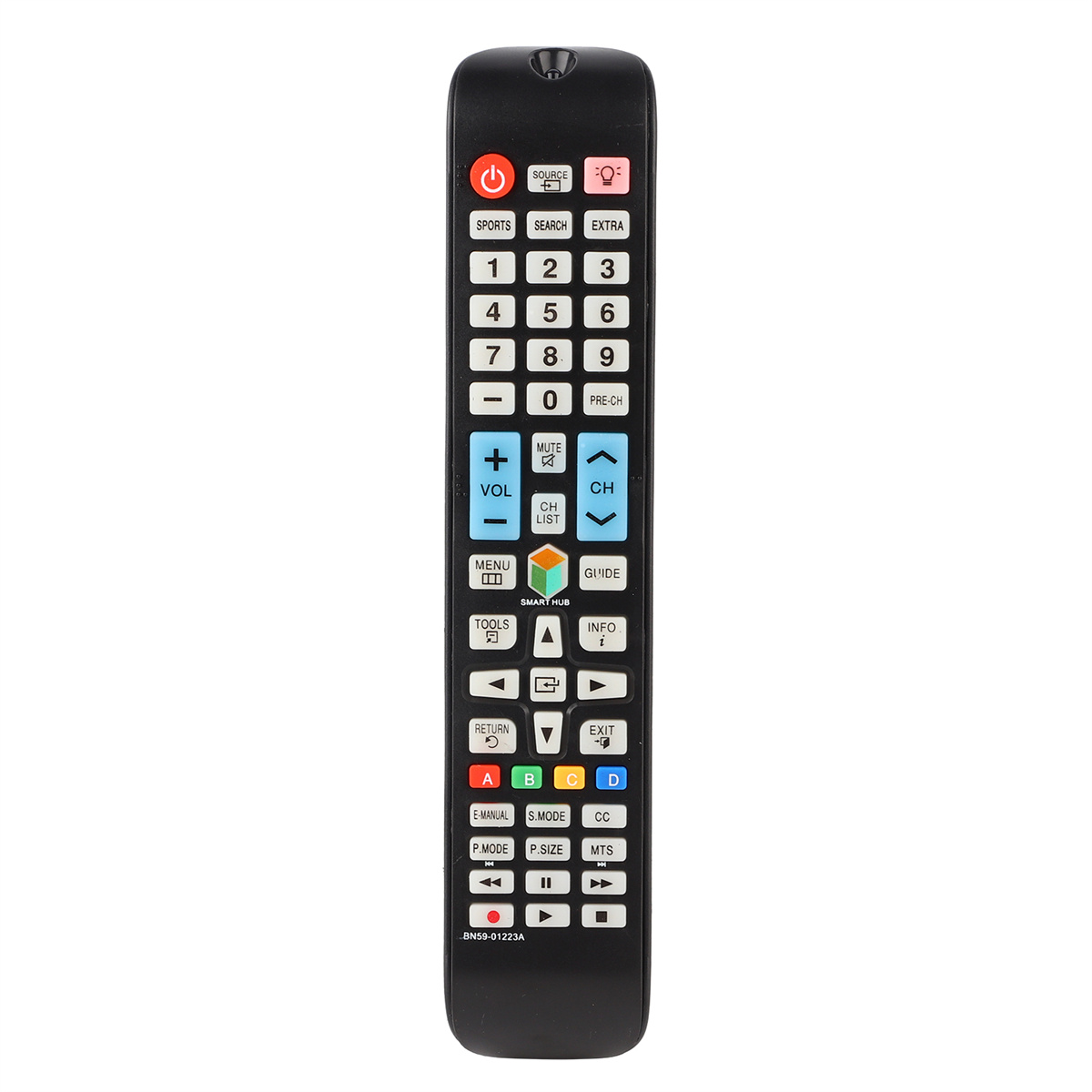 Schwarze TV-Fernbedienung mit Tasten für Strom, Lautstärke, Kanäle, Zifferntasten und andere Funktionen.