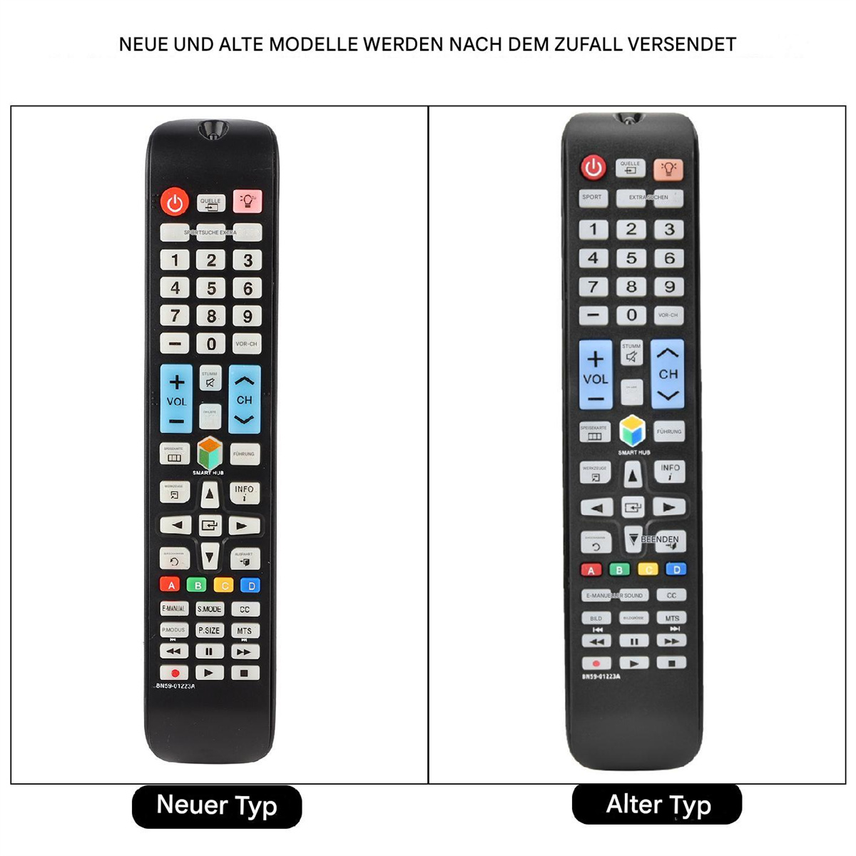 Zwei schwarze TV-Fernbedienungen. Eine mit 'Neuer Typ', die andere mit 'Alter Typ'.