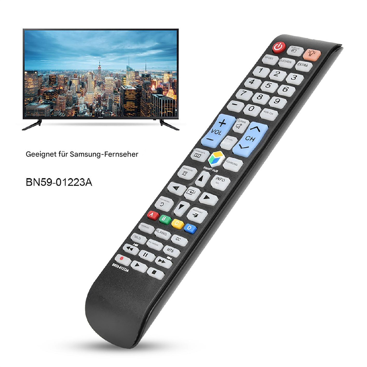Schwarze Fernbedienung mit vielen Knöpfen, liegt auf weißer Oberfläche, TV im Hintergrund.