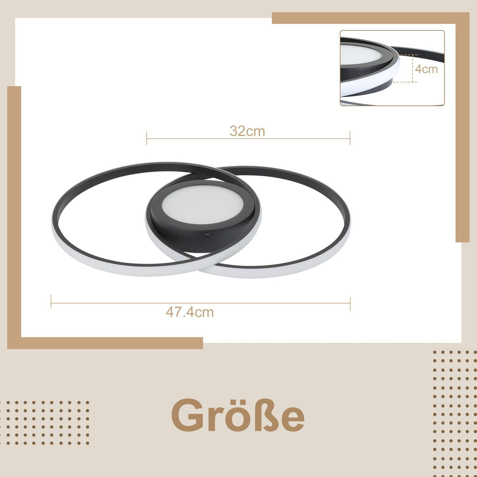 Okrągła czarno-biała oprawa LED z wymiarami w cm. Tekst: Größe.