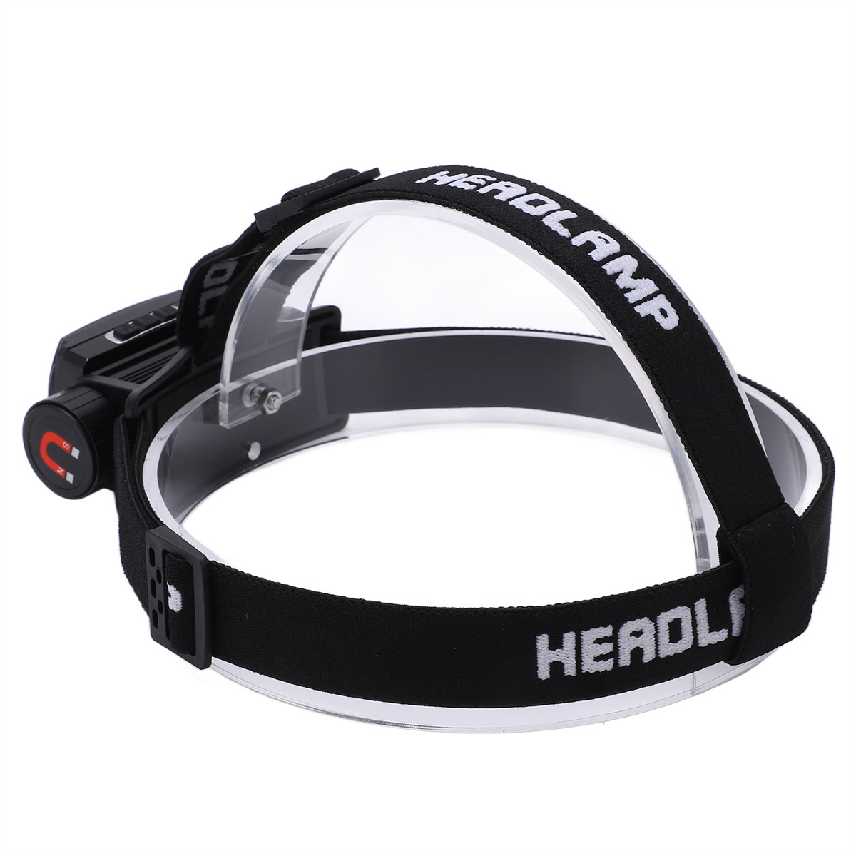 Schwarze Stirnlampe mit Stirnband, mit dem Wort HEADLAMP auf dem Band.