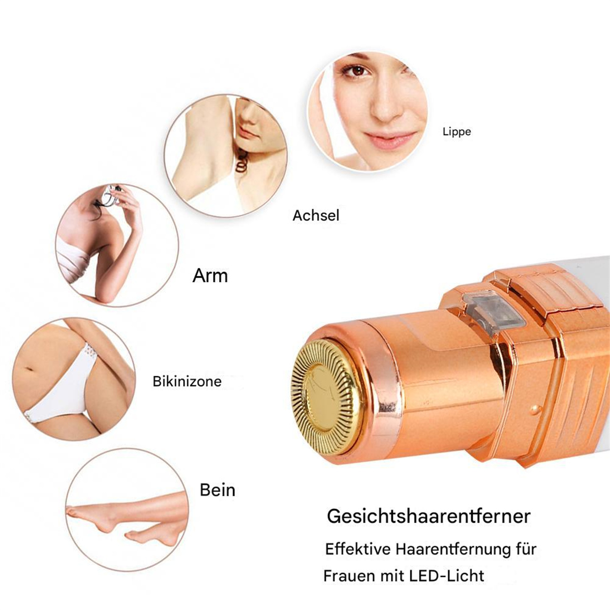 Ein Gesichtshaarentferner mit Diagrammen von Körperteilen, einschließlich Gesicht, Arm und Bikinizone.