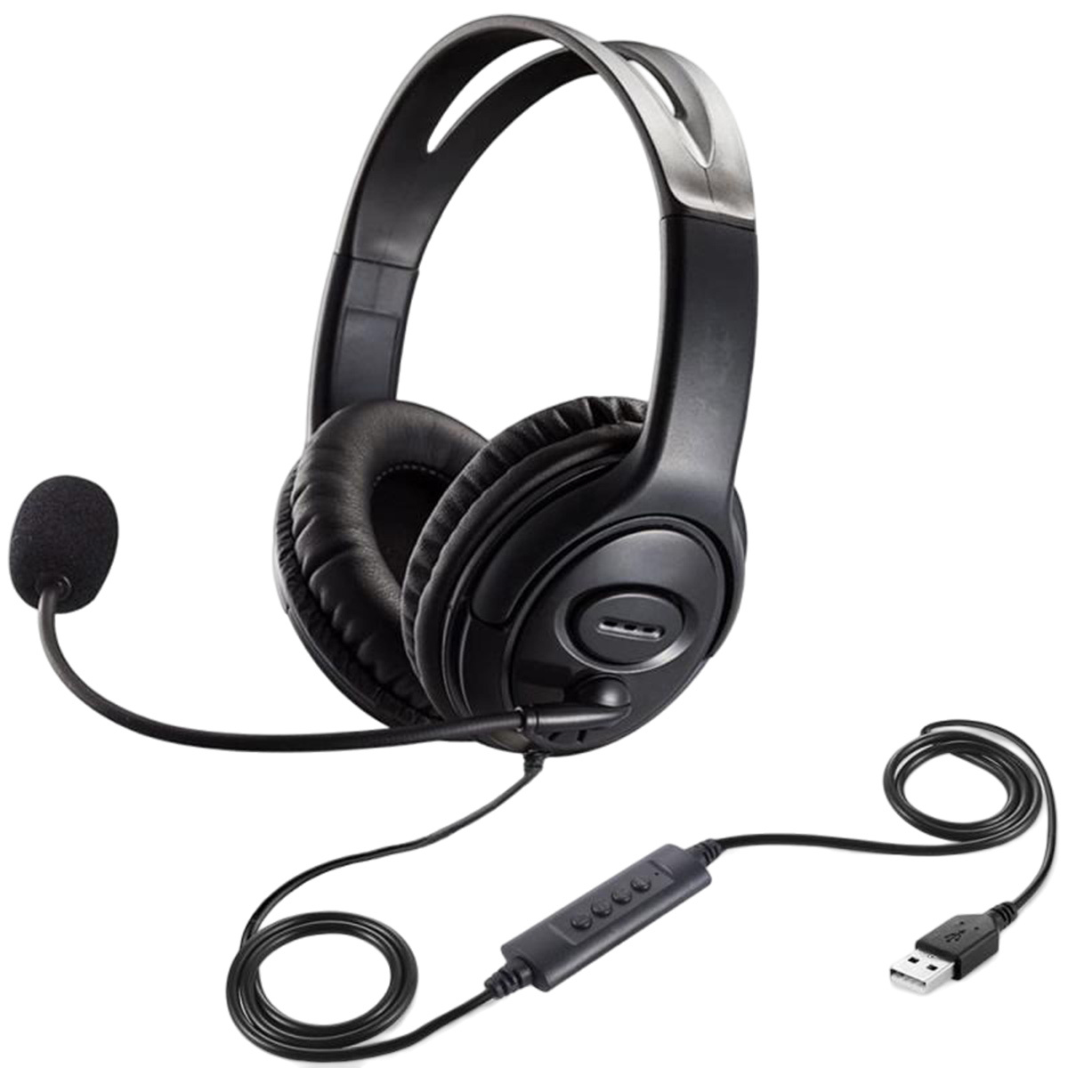 Schwarzes USB-Headset mit Mikrofon und Bedienelementen. Das Headset hat einen USB-Anschluss zur Computernutzung.