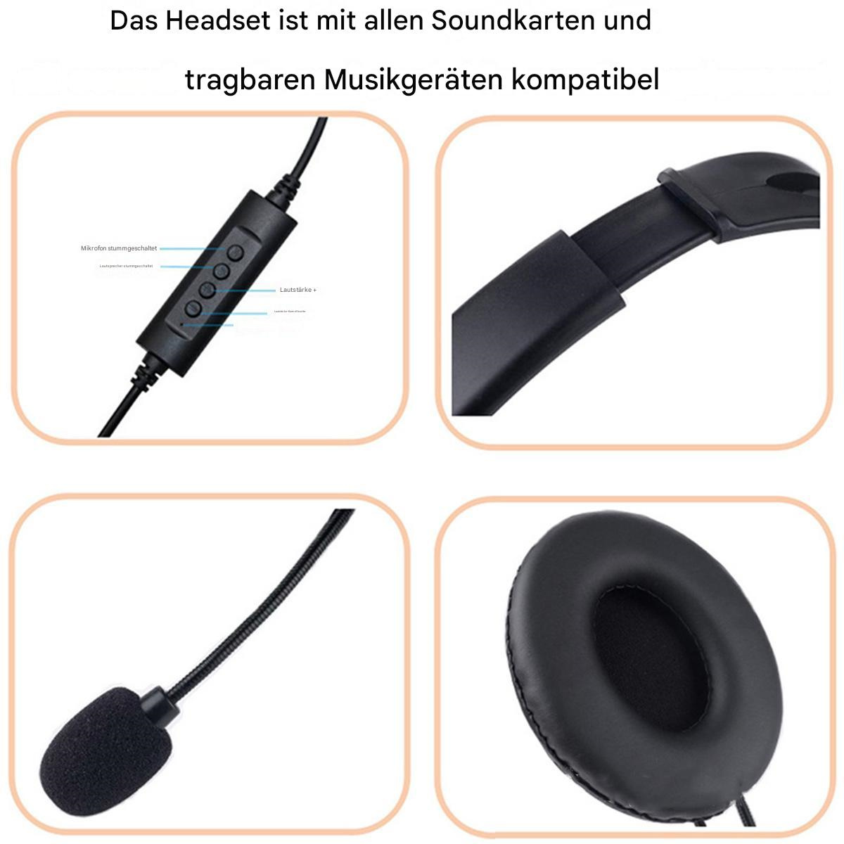 Nahaufnahmen eines schwarzen Headsets mit Mikrofon und Inline-Bedienelementen. Text zur Kompatibilität ist vorhanden.