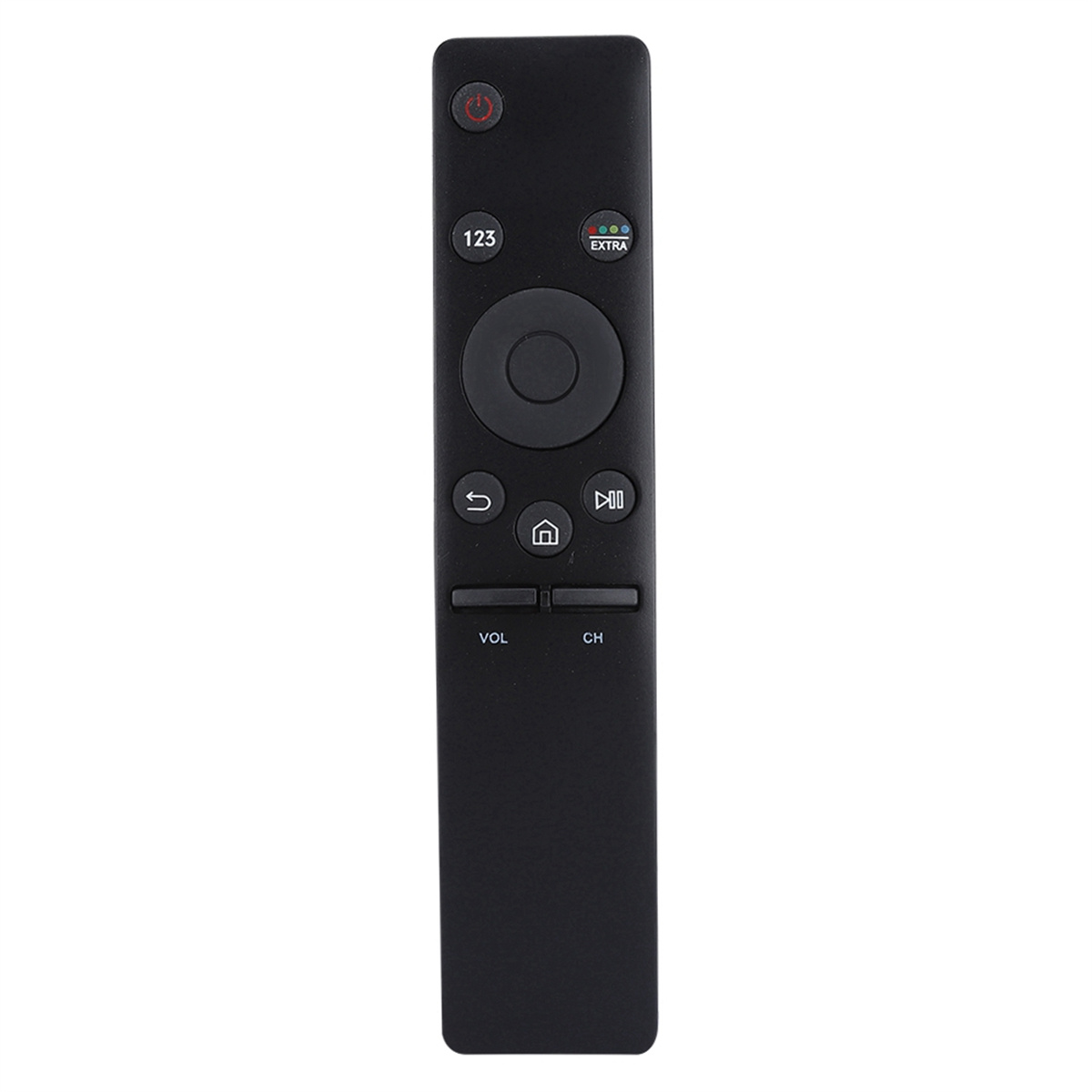 Eine schwarze Samsung TV-Fernbedienung. Sie hat mehrere Tasten mit Beschriftung.