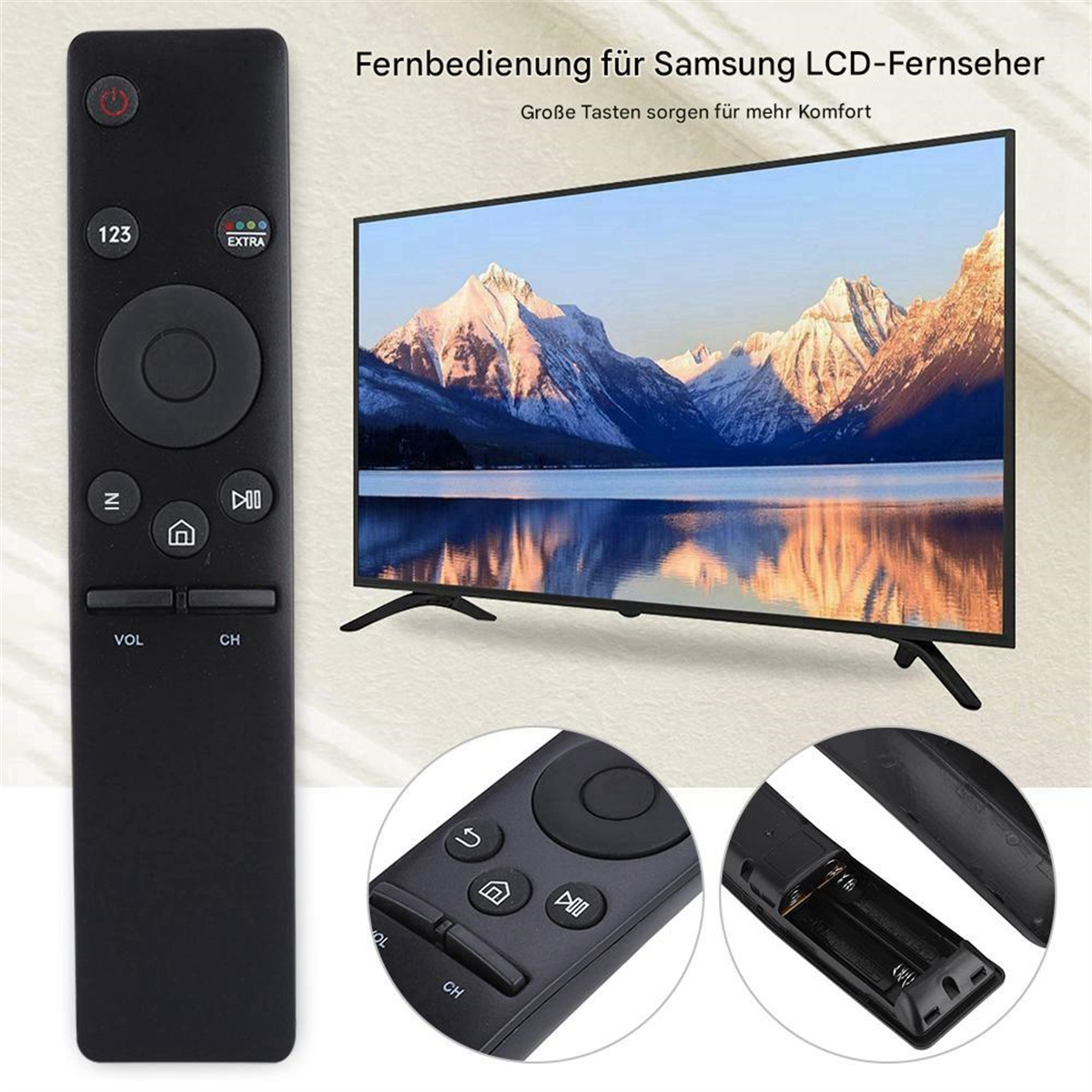 Schwarze Fernbedienung mit einem geschwungenen Fernseher und Fernbedienungsdetails. Batterien und TV sind enthalten.