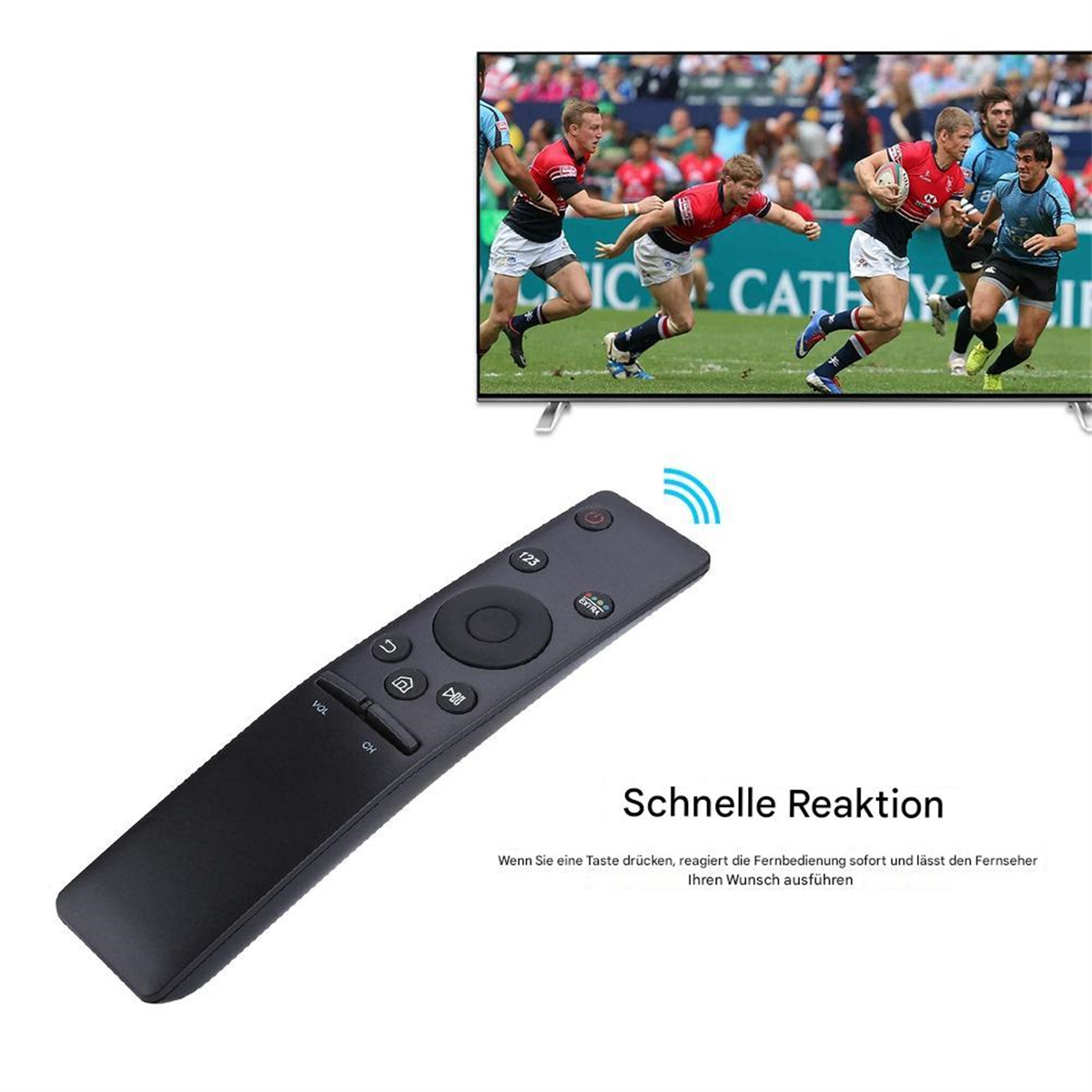 Eine schwarze Fernbedienung vor einem Fernseher, der ein Rugby-Spiel zeigt.