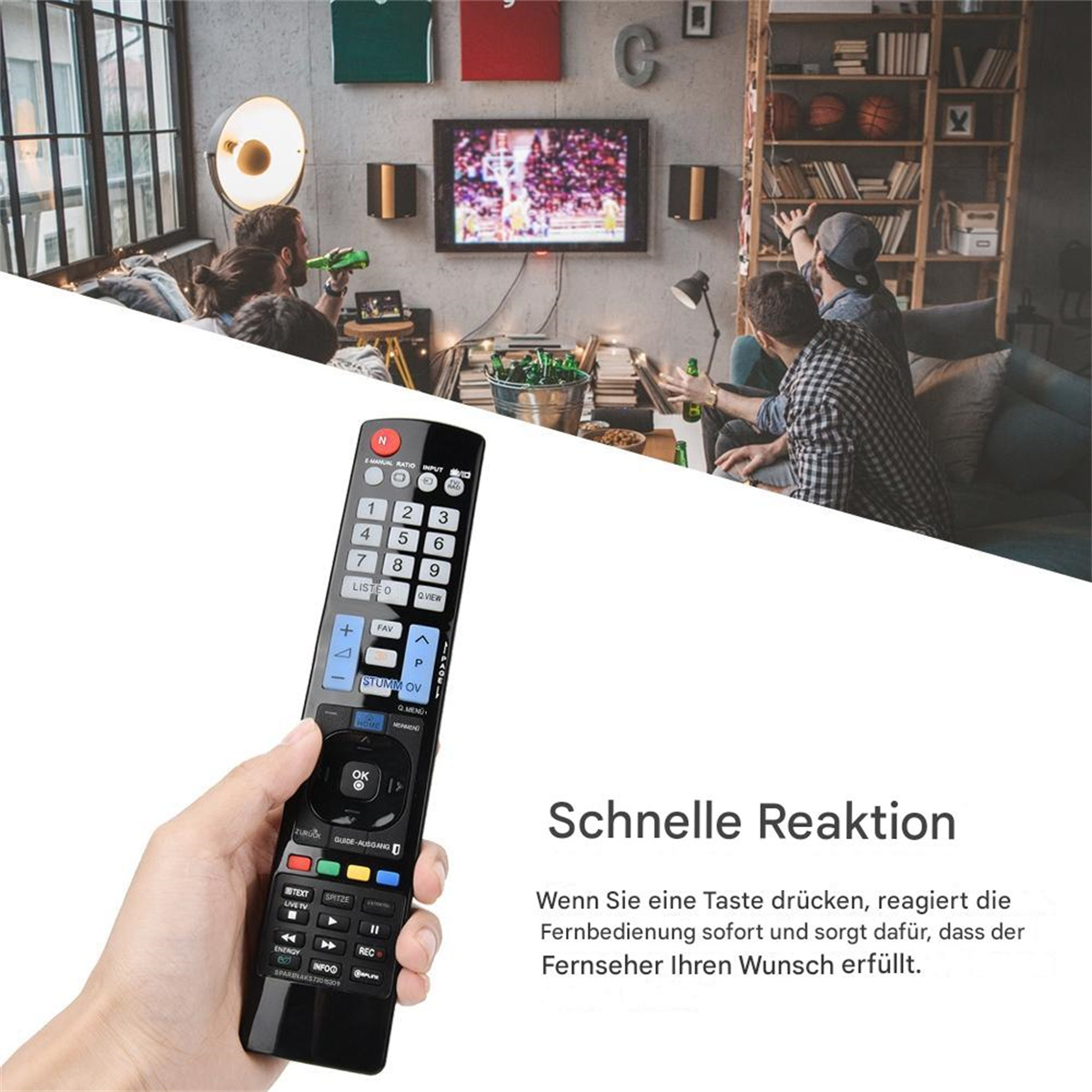 Eine Hand hält eine Fernbedienung mit vielen Knöpfen. Ein Fernseher und Menschen sind im Hintergrund.