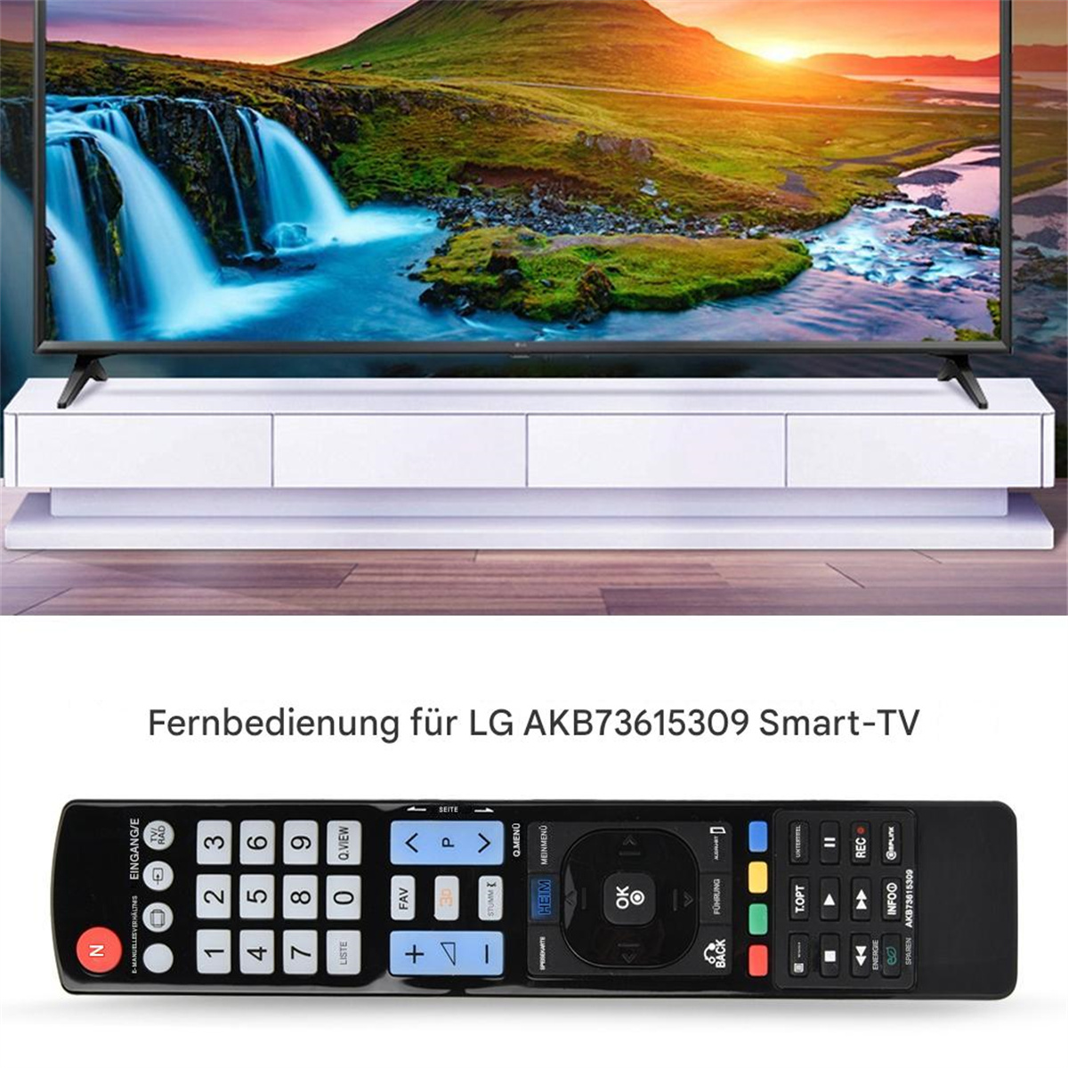 Eine Fernbedienung und ein Smart-TV, mit Blumen im Hintergrund.