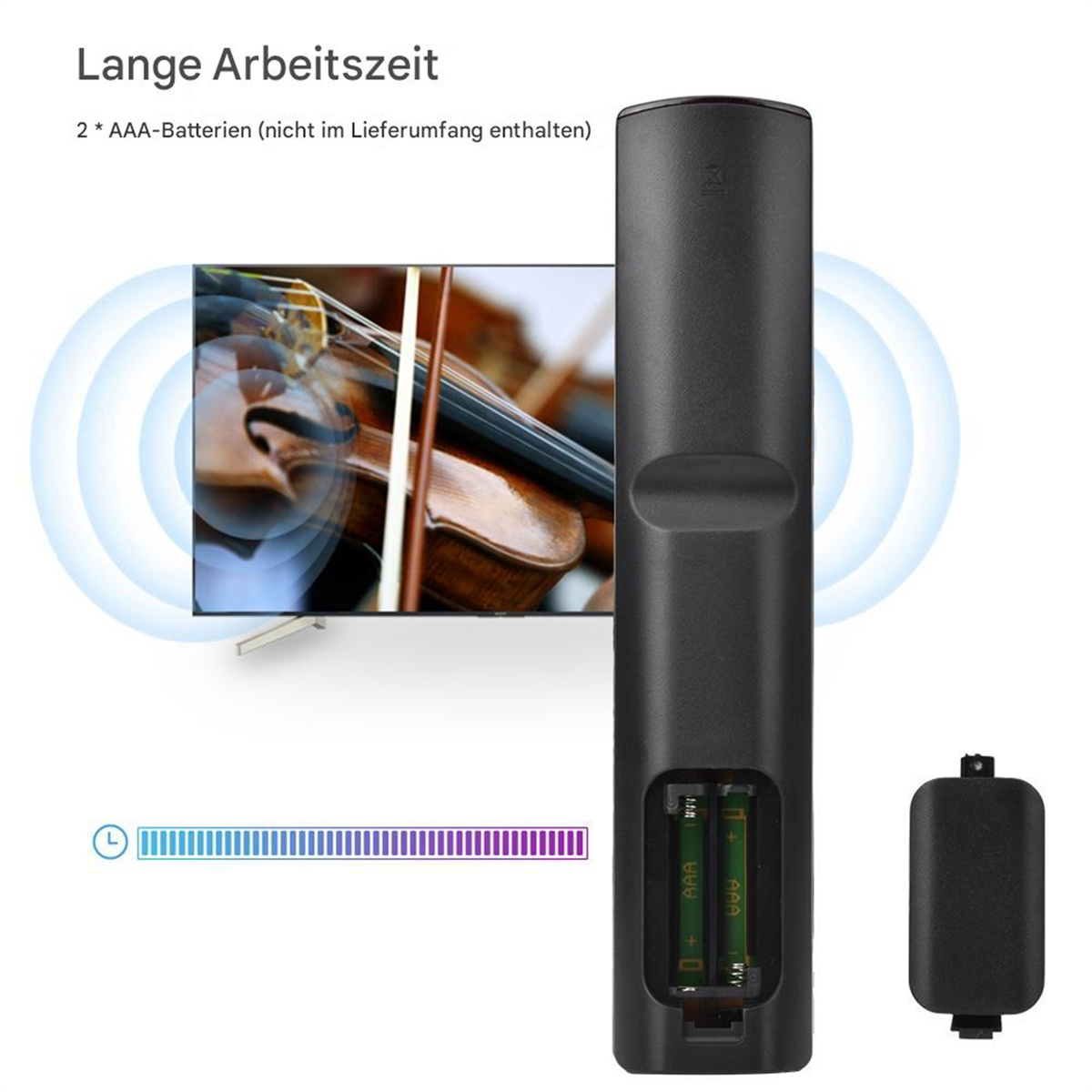 Schwarze TV-Fernbedienung mit offenem Batteriefach. TV-Bildschirm mit Geigenbild.