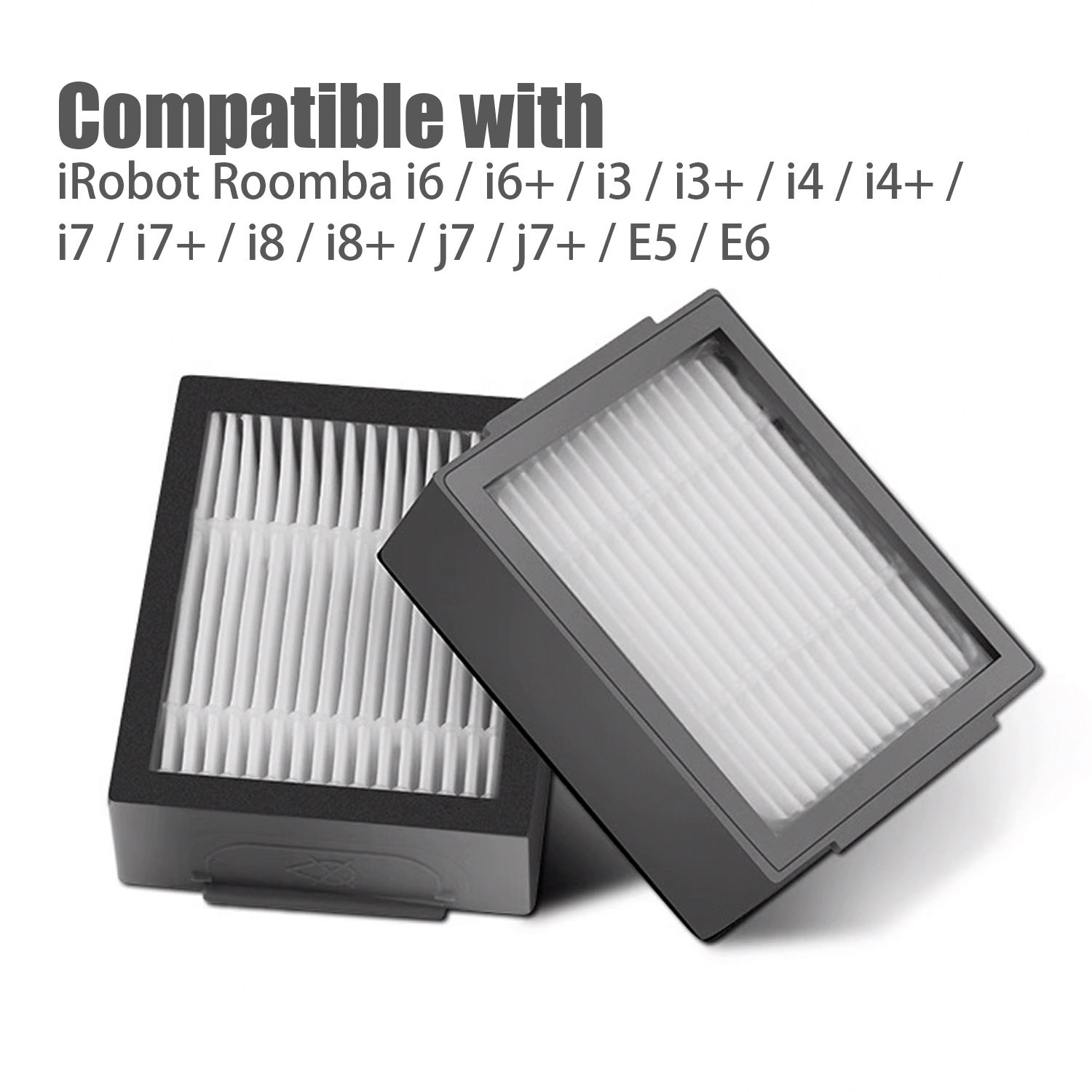 Dwa szare filtry do odkurzacza, kompatybilne z modelami iRobot Roomba, na białej powierzchni.
