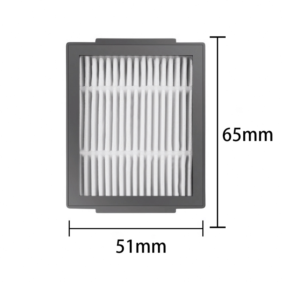 Prostokątny filtr powietrza z białym plisowanym materiałem w szarej ramie. Wymiary to 65 mm x 51 mm.